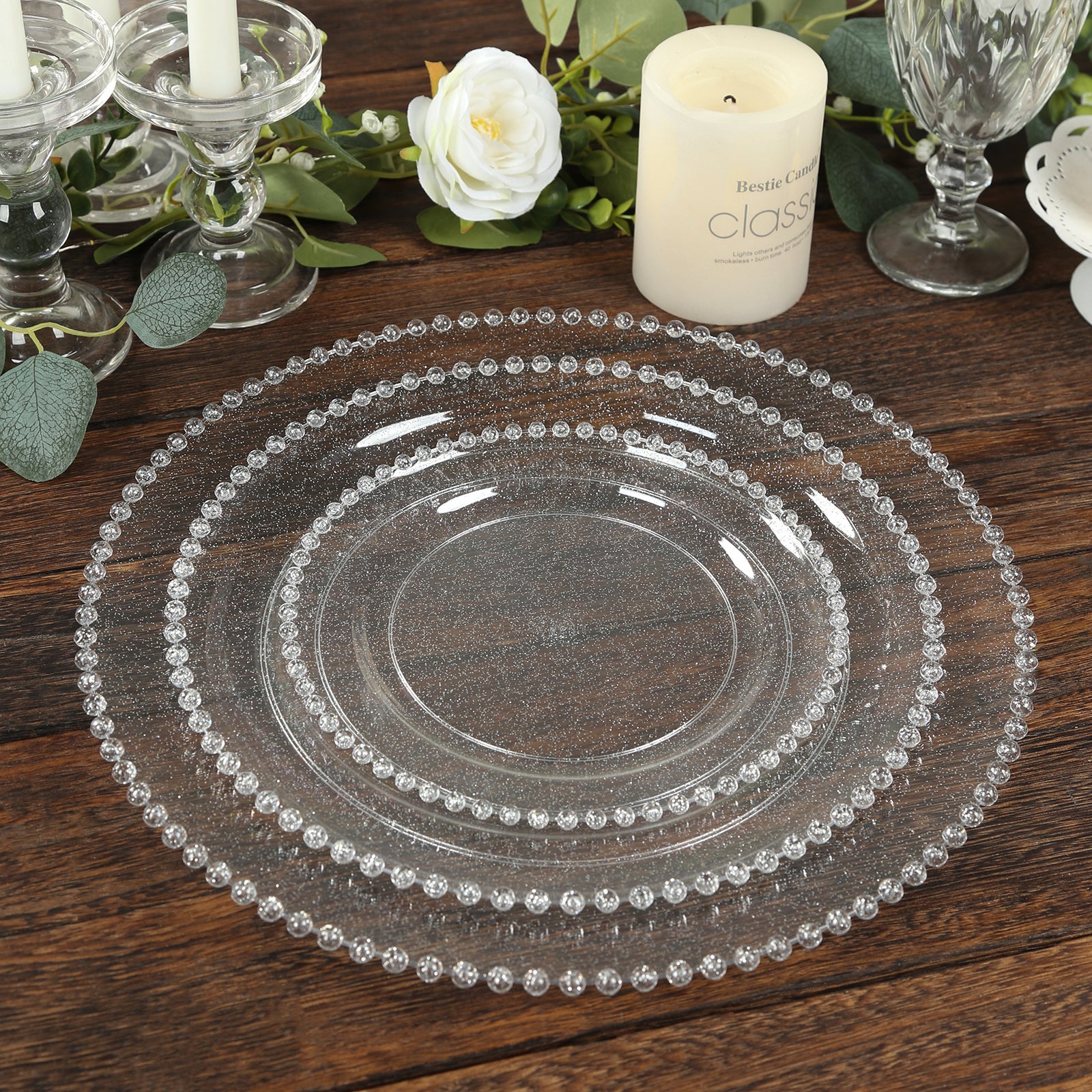 10-Pack Economy Plastic Charger Plates 13" Round Clear/Silver Glitter with Beaded Rim - Stylish Dinner Party Serving Plates - Image 9