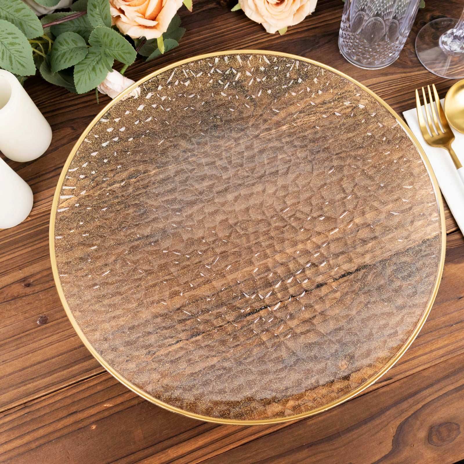 10-Pack Economy Plastic Charger Plates 13" Round Clear Hammered Design with Glittered Gold Rim - Decorative Dinner Party Serving Plates - Image 10