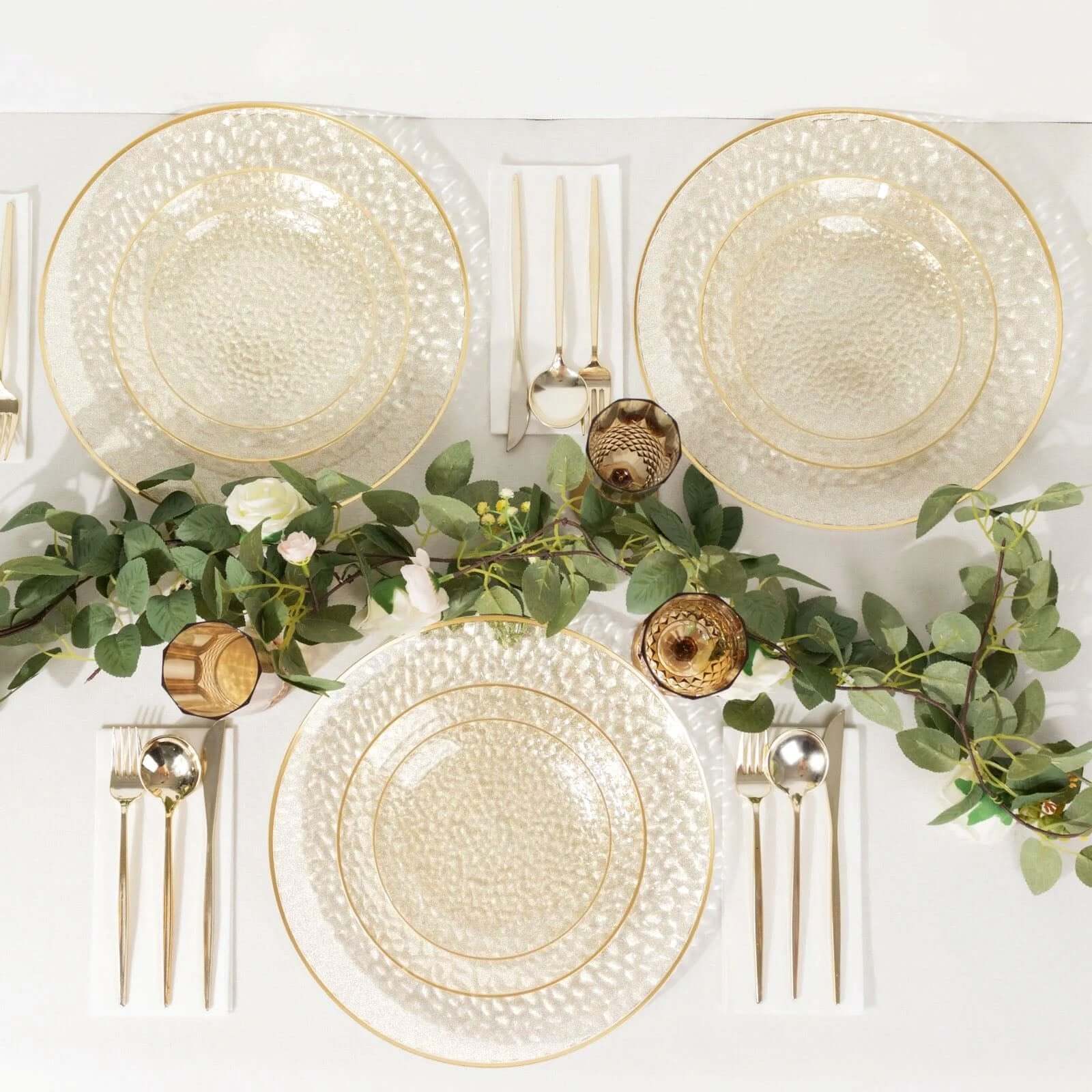 10-Pack Economy Plastic Charger Plates 13" Round Clear Hammered Design with Glittered Gold Rim - Decorative Dinner Party Serving Plates - Image 8