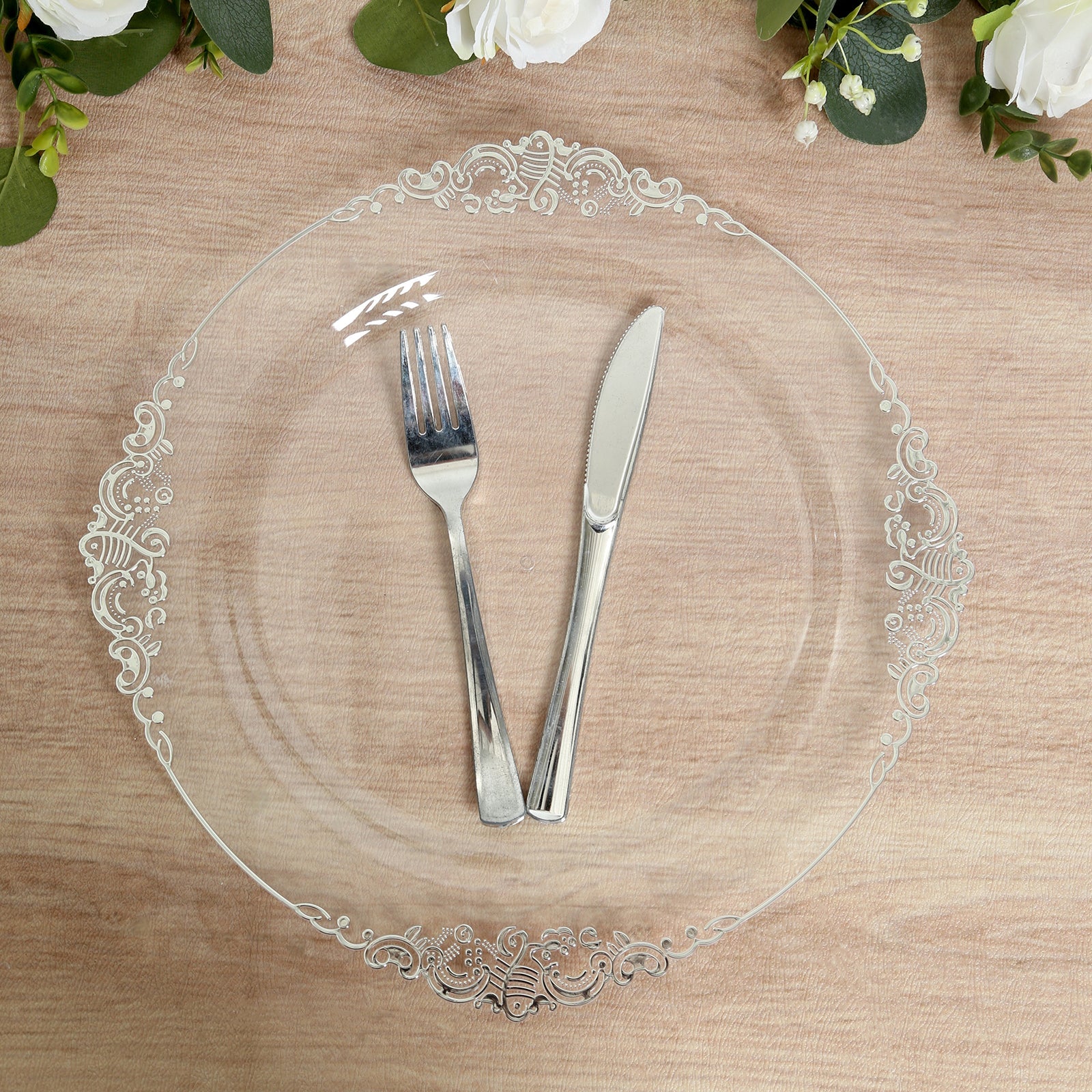 20-Pack Economy Plastic Charger Plates 13" Round Clear with Silver Embossed Baroque Rim - Stylish Dinner Party Serving Plates - Image 3