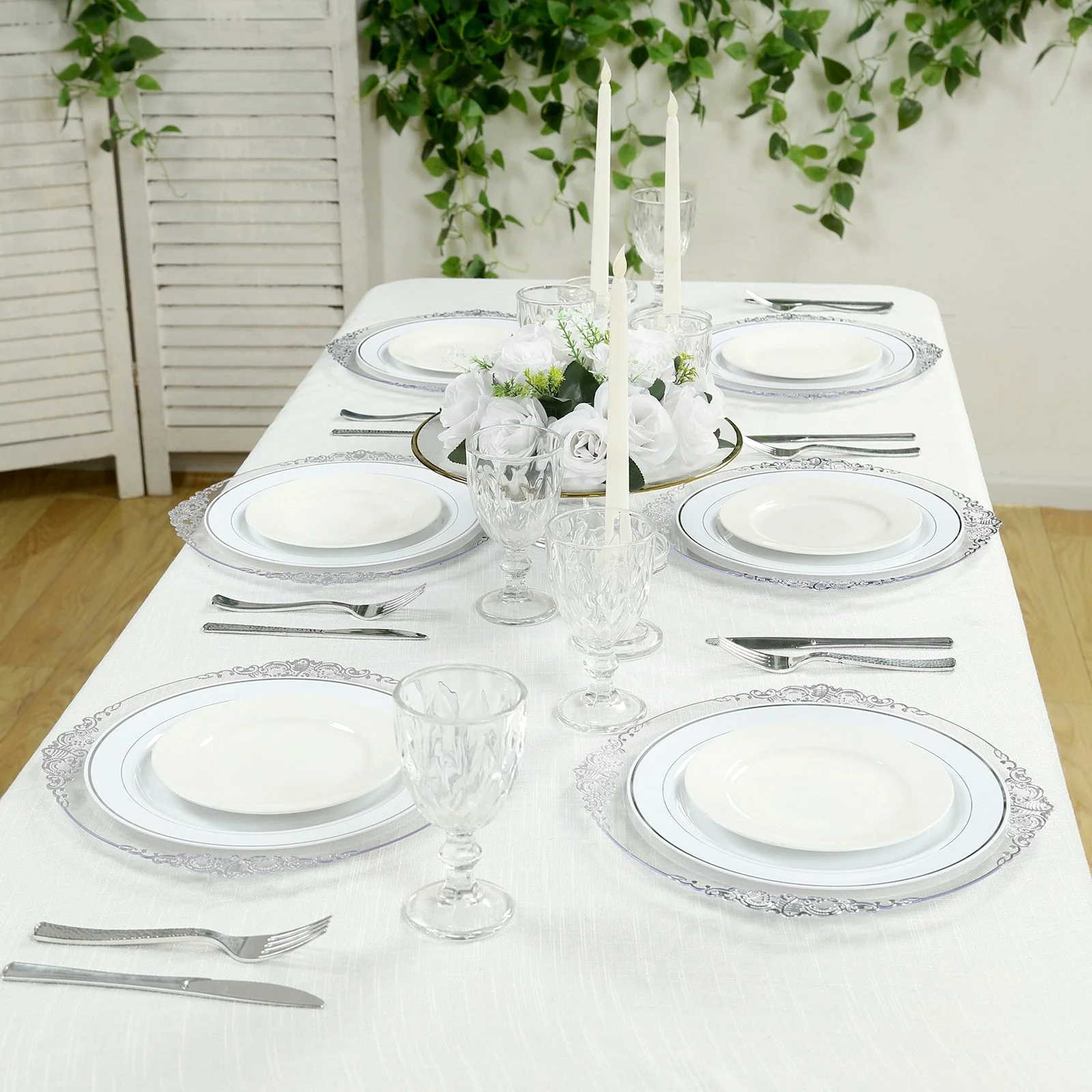 20-Pack Economy Plastic Charger Plates 13" Round Clear with Silver Embossed Baroque Rim - Stylish Dinner Party Serving Plates - Image 4