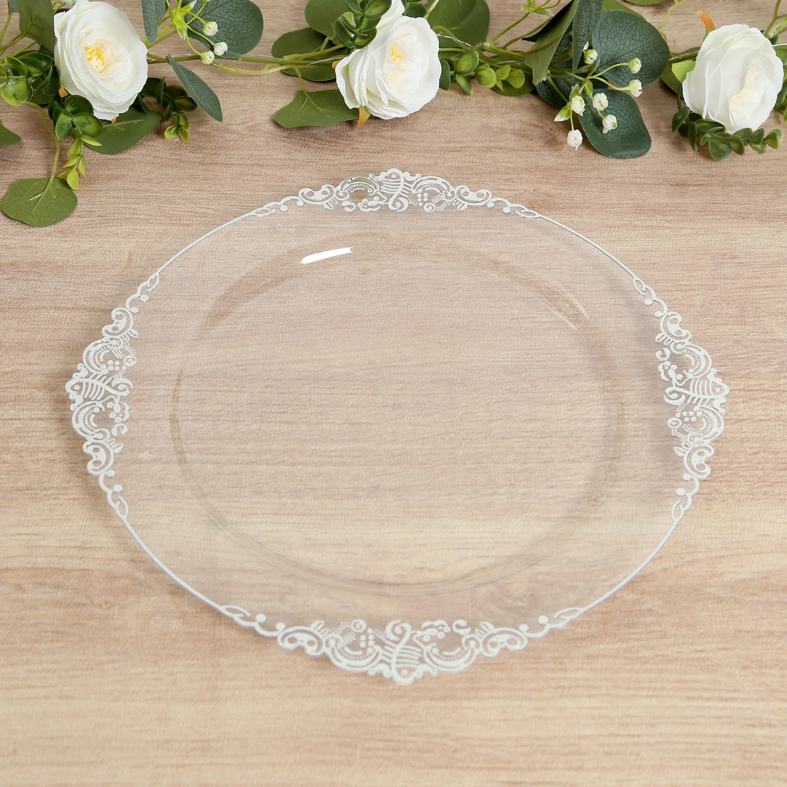 20-Pack Economy Plastic Charger Plates 13" Round Clear with Silver Embossed Baroque Rim - Stylish Dinner Party Serving Plates - Image 7