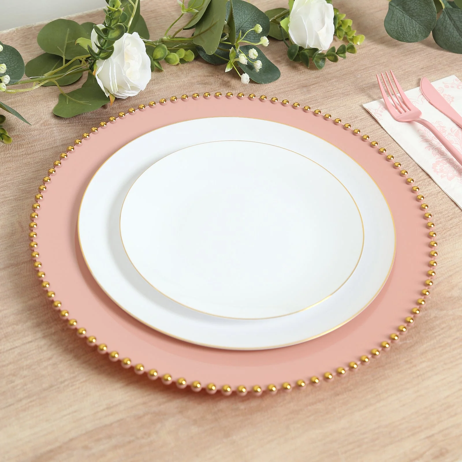 10-Pack Economy Plastic Charger Plates 13" Round Dusty Rose with Gold Beaded Rim - Stylish Dinner Party Serving Plates - Image 6