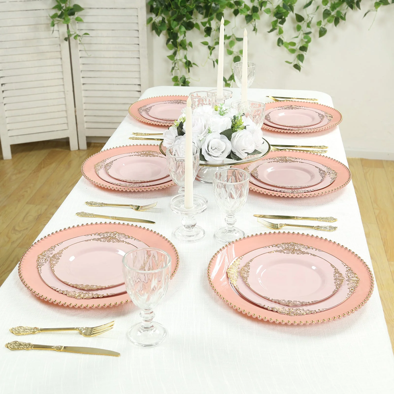 10-Pack Economy Plastic Charger Plates 13" Round Dusty Rose with Gold Beaded Rim - Stylish Dinner Party Serving Plates - Image 8