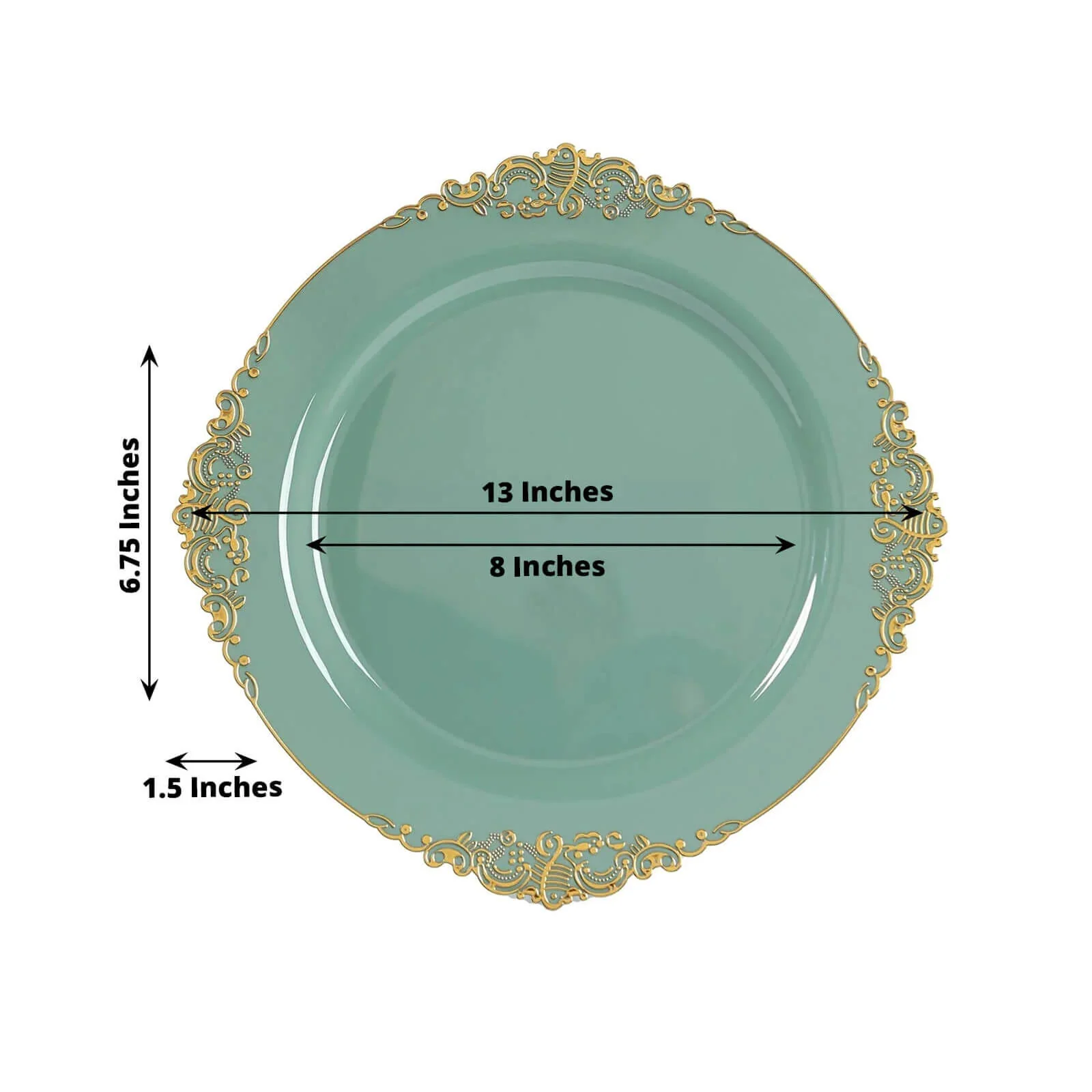 20-Pack Economy Plastic Charger Plates 13" Round Dusty Sage Green with Gold Embossed Baroque Rim - Stylish Dinner Party Serving Plates - Image 2