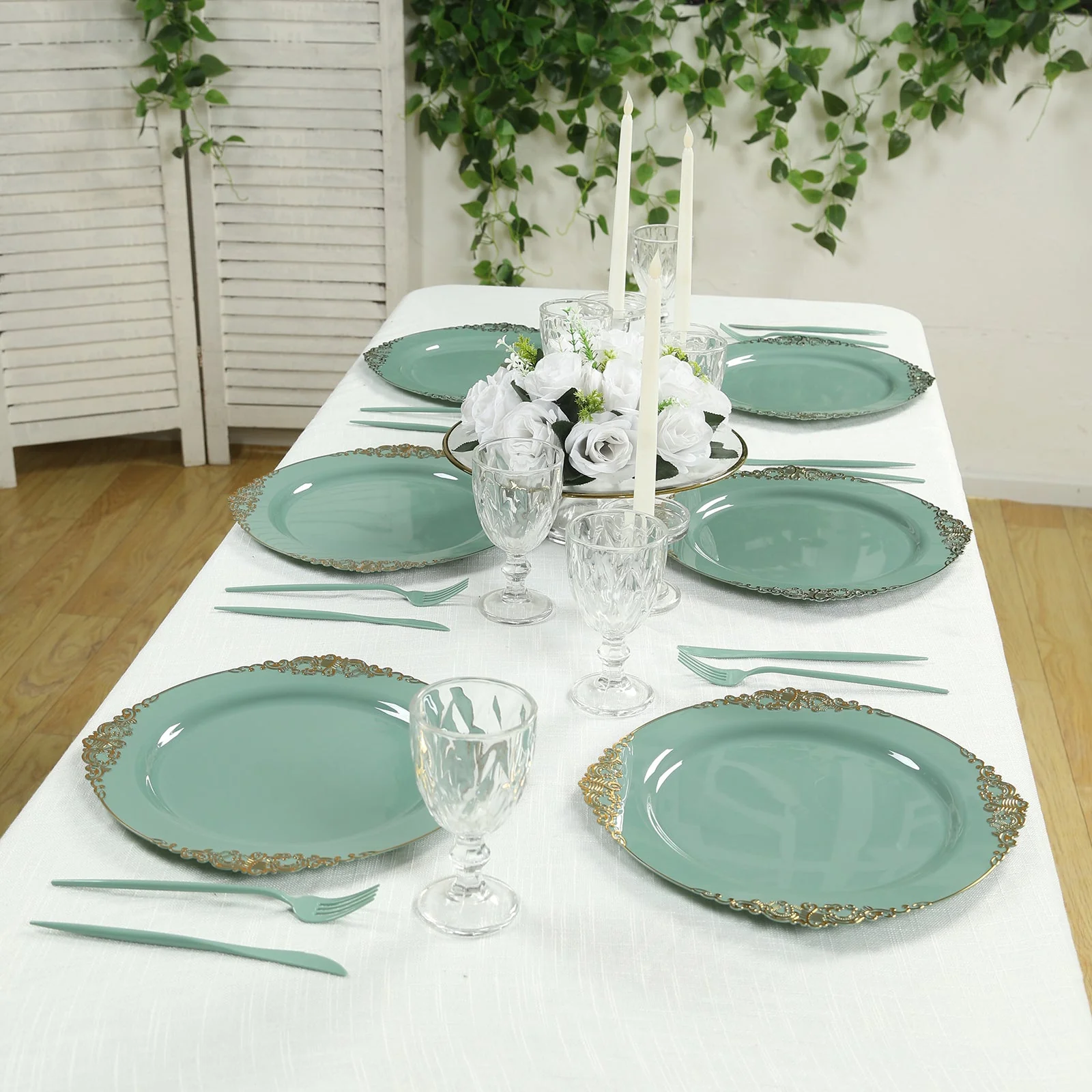 20-Pack Economy Plastic Charger Plates 13" Round Dusty Sage Green with Gold Embossed Baroque Rim - Stylish Dinner Party Serving Plates - Image 3