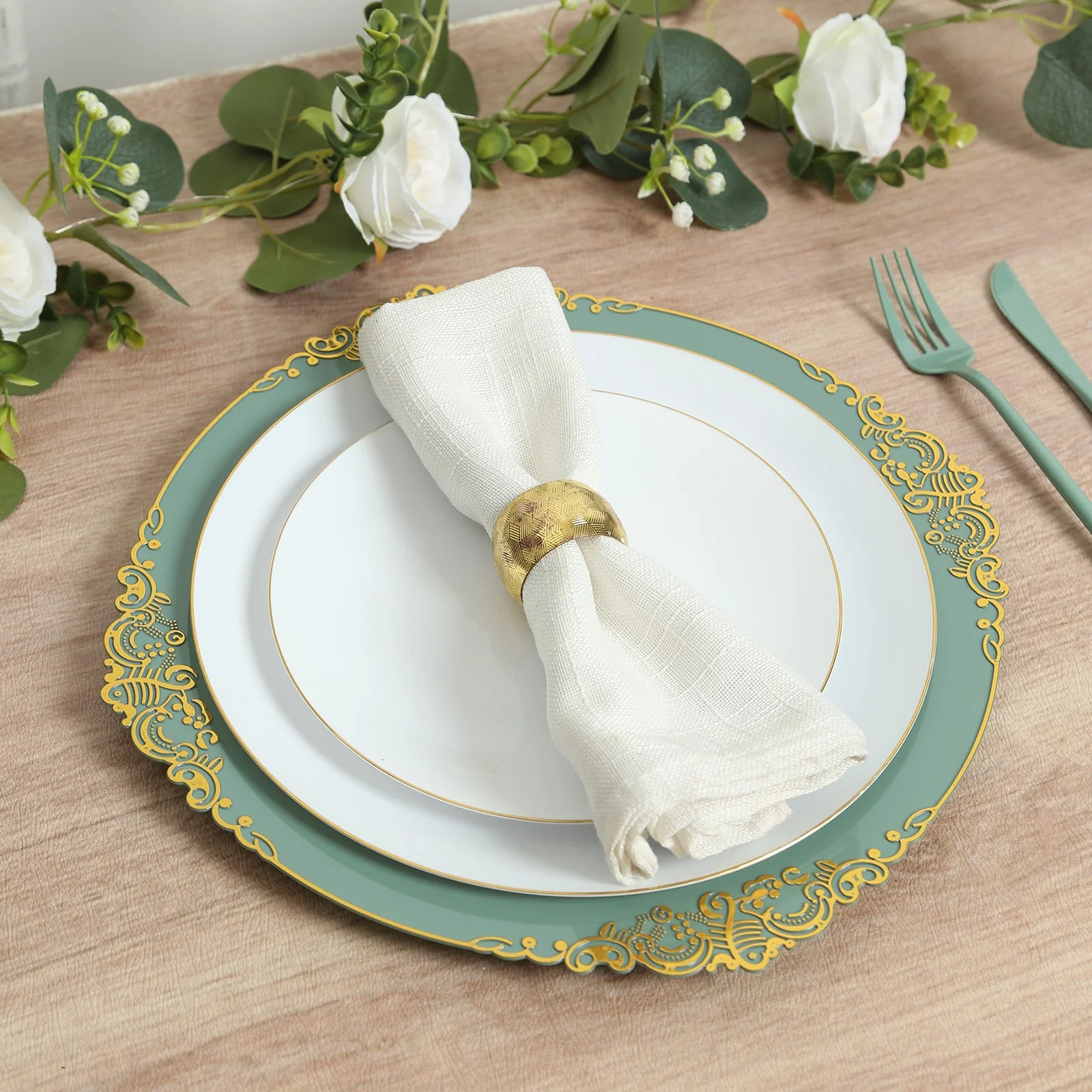 20-Pack Economy Plastic Charger Plates 13" Round Dusty Sage Green with Gold Embossed Baroque Rim - Stylish Dinner Party Serving Plates - Image 4