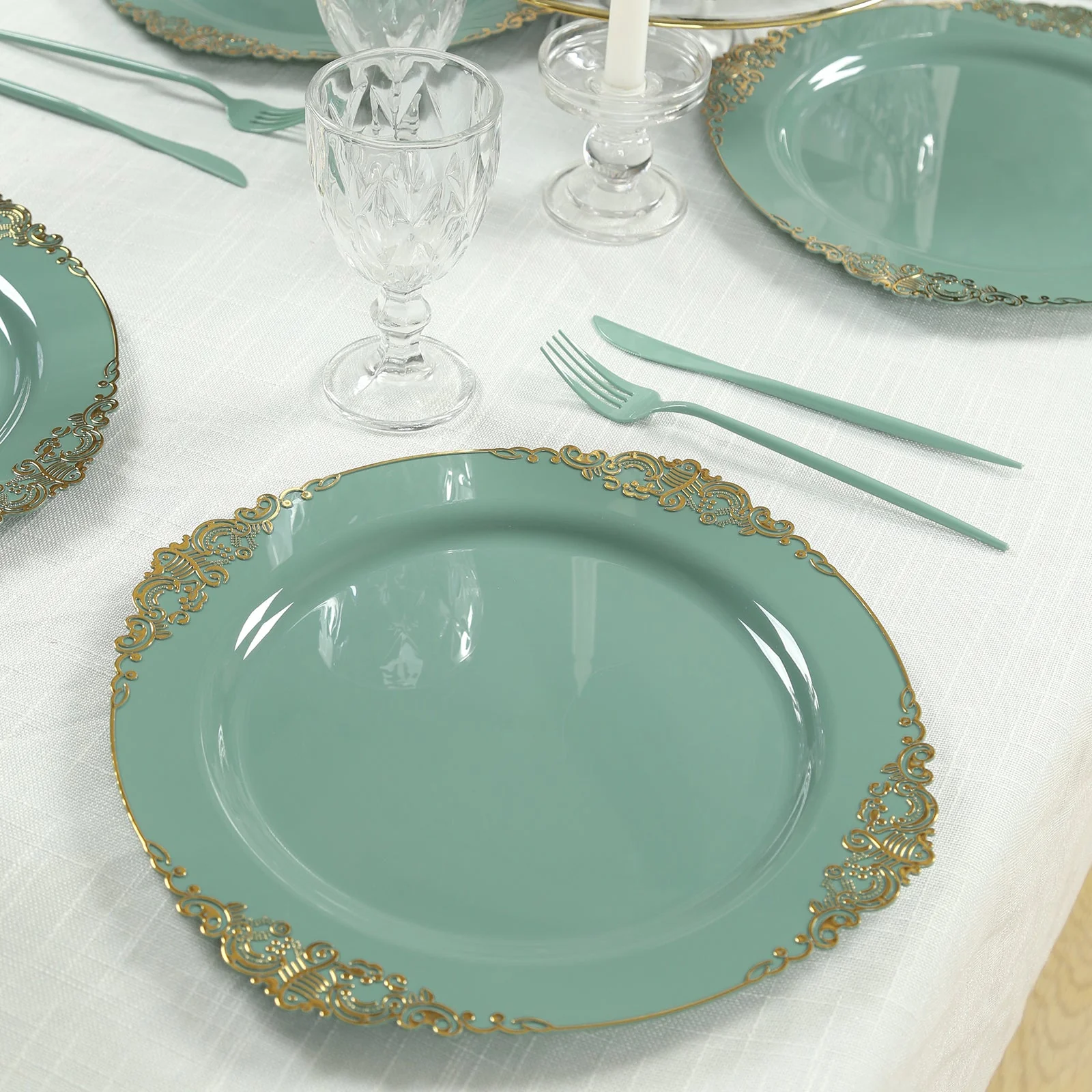 20-Pack Economy Plastic Charger Plates 13" Round Dusty Sage Green with Gold Embossed Baroque Rim - Stylish Dinner Party Serving Plates - Image 7
