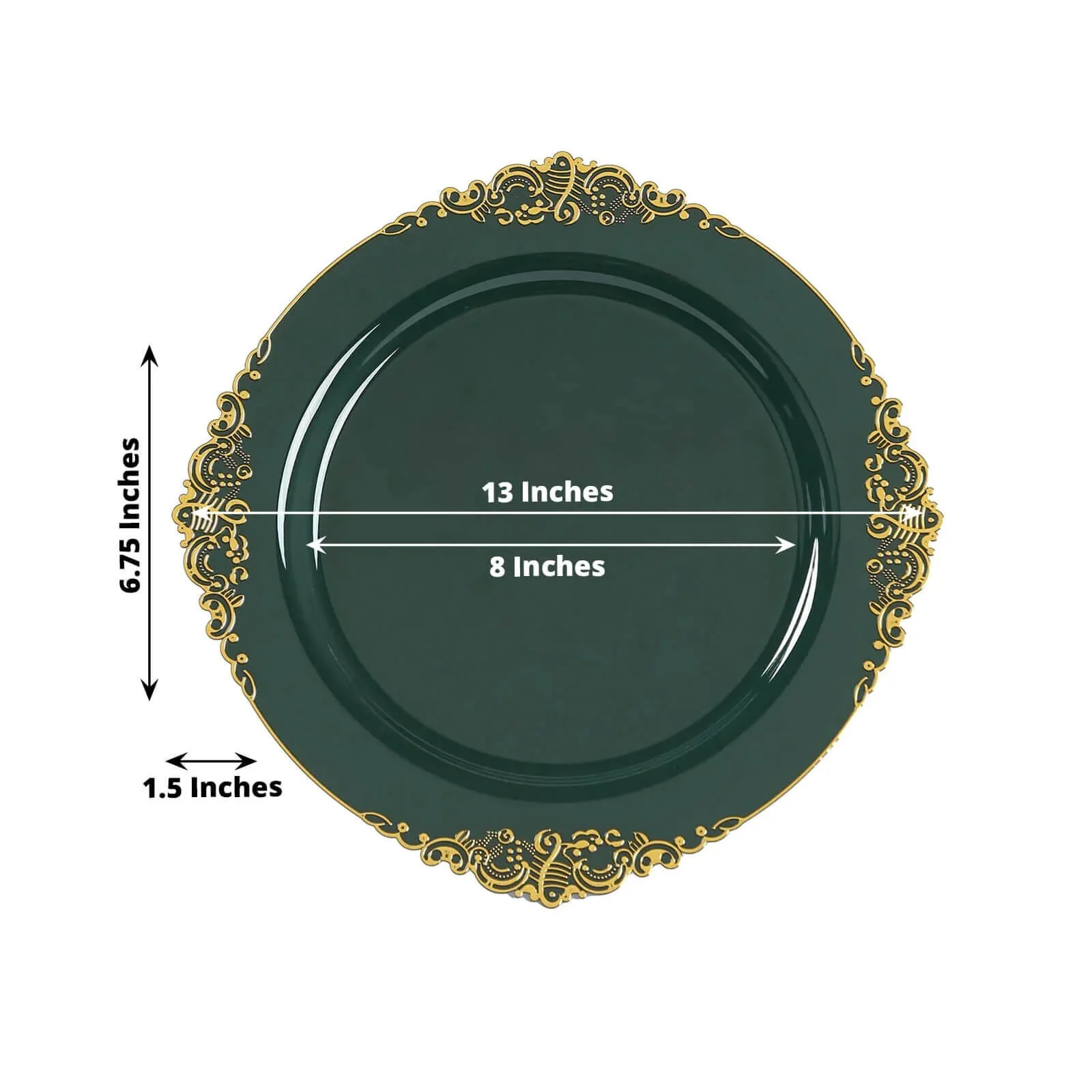 20-Pack Economy Plastic Charger Plates 13" Round Hunter Emerald Green with Gold Embossed Baroque Rim - Stylish Dinner Party Serving Plates - Image 2