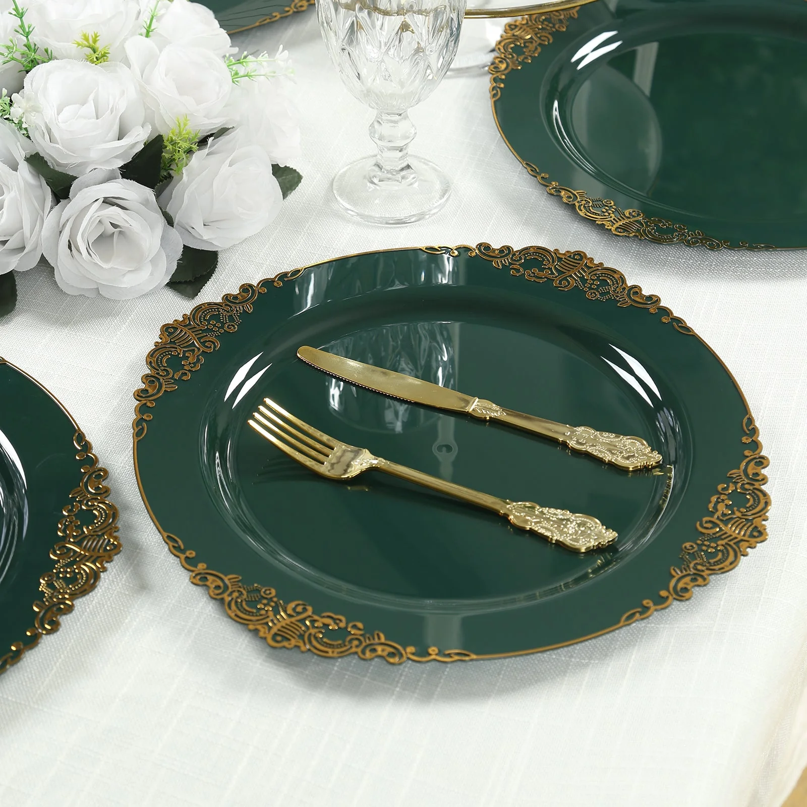 20-Pack Economy Plastic Charger Plates 13" Round Hunter Emerald Green with Gold Embossed Baroque Rim - Stylish Dinner Party Serving Plates - Image 3