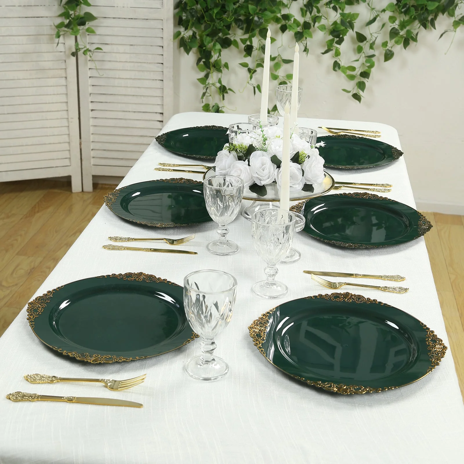 20-Pack Economy Plastic Charger Plates 13" Round Hunter Emerald Green with Gold Embossed Baroque Rim - Stylish Dinner Party Serving Plates - Image 4