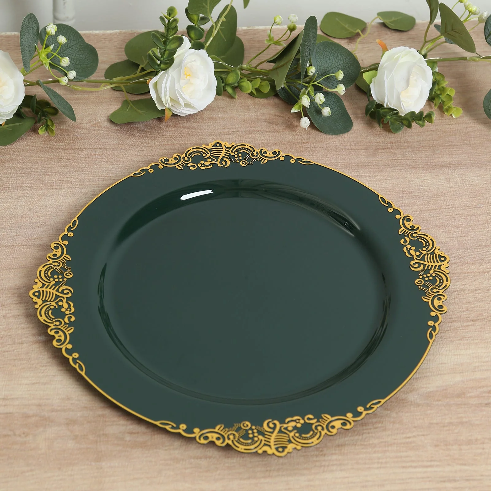 20-Pack Economy Plastic Charger Plates 13" Round Hunter Emerald Green with Gold Embossed Baroque Rim - Stylish Dinner Party Serving Plates - Image 7