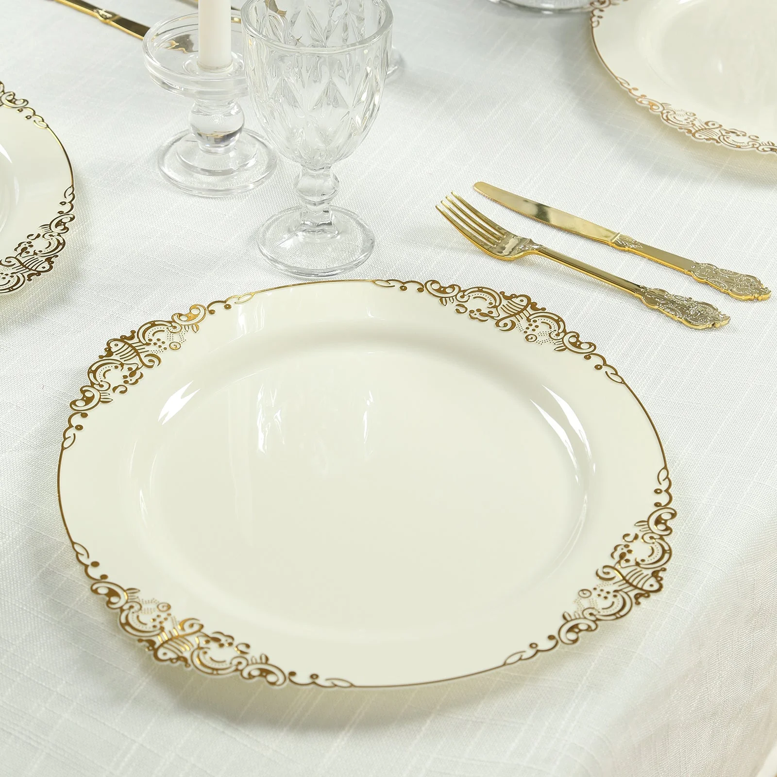 20-Pack Economy Plastic Charger Plates 13" Round Ivory with Gold Embossed Baroque Rim - Stylish Dinner Party Serving Plates
