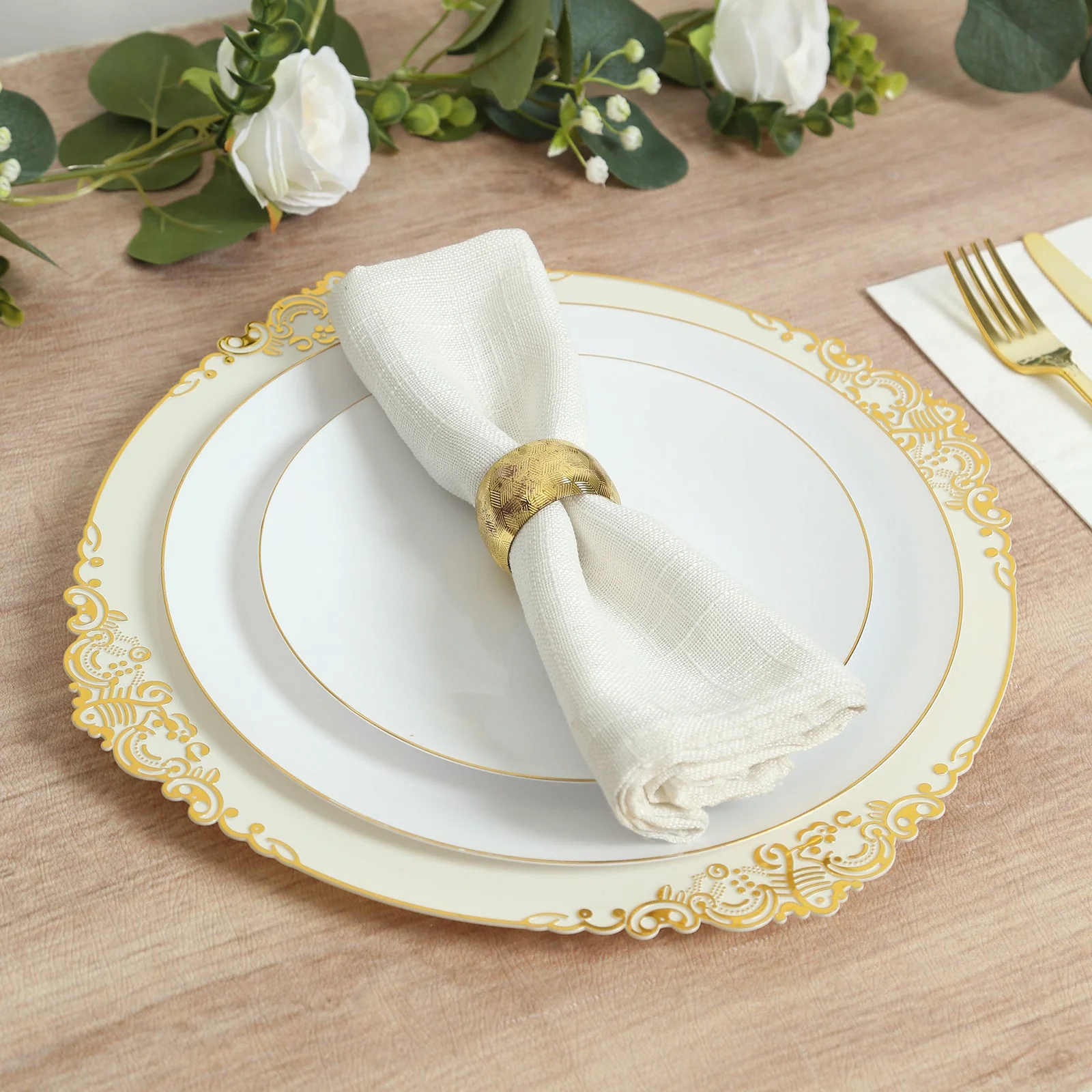 20-Pack Economy Plastic Charger Plates 13" Round Ivory with Gold Embossed Baroque Rim - Stylish Dinner Party Serving Plates - Image 3