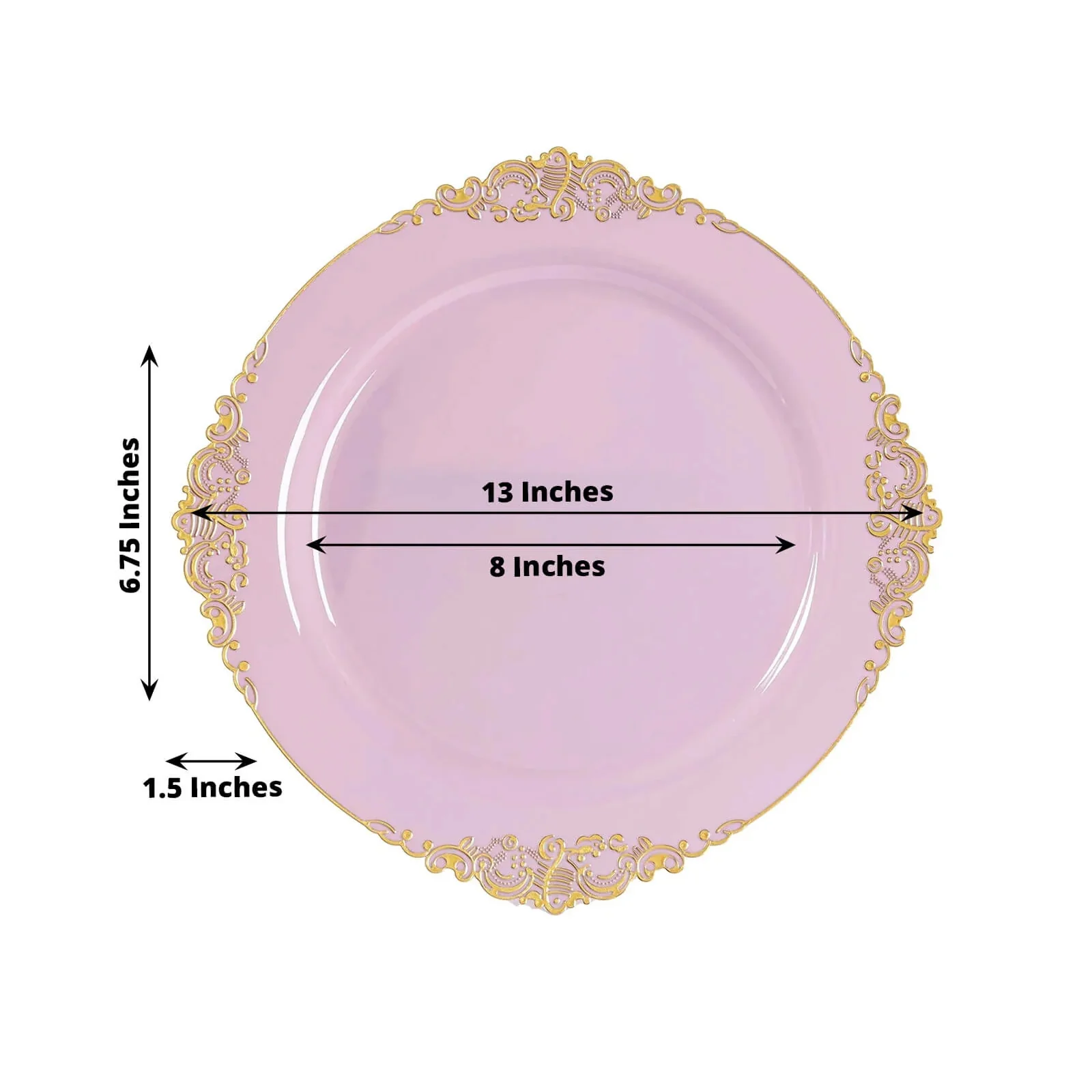 20-Pack Economy Plastic Charger Plates 13" Round Lavender Lilac with Gold Embossed Baroque Rim - Stylish Dinner Party Serving Plates - Image 2