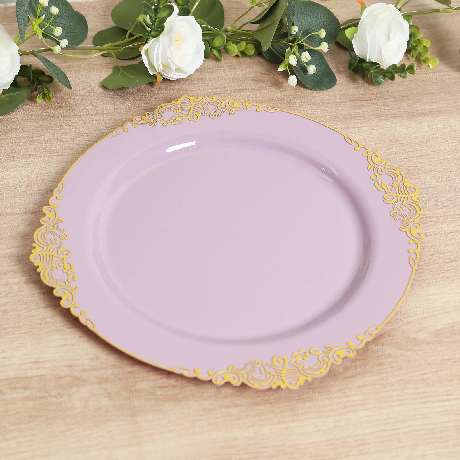 20-Pack Economy Plastic Charger Plates 13" Round Lavender Lilac with Gold Embossed Baroque Rim - Stylish Dinner Party Serving Plates - Image 3