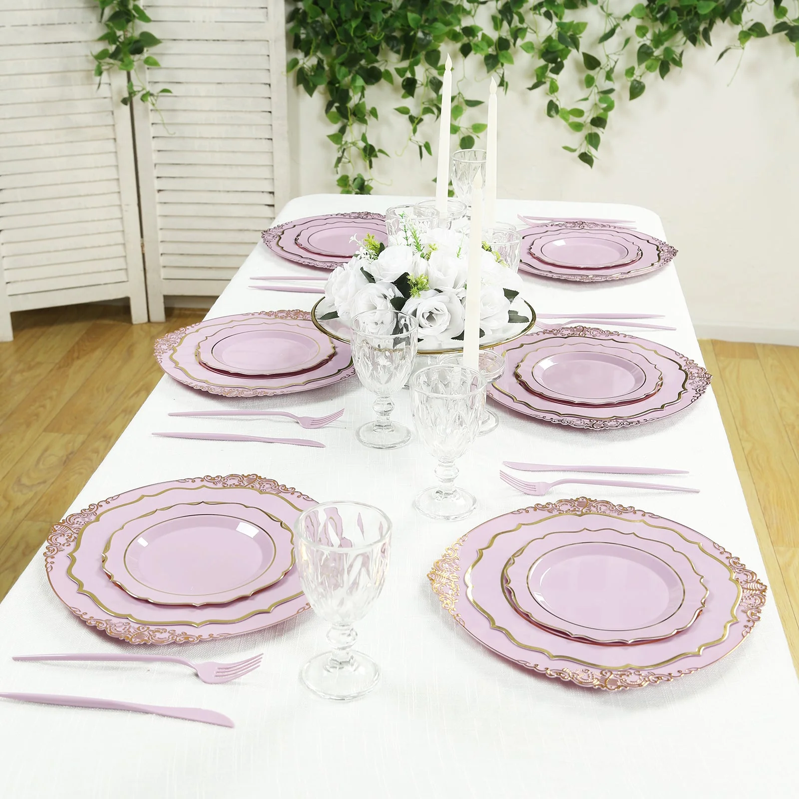20-Pack Economy Plastic Charger Plates 13" Round Lavender Lilac with Gold Embossed Baroque Rim - Stylish Dinner Party Serving Plates - Image 4