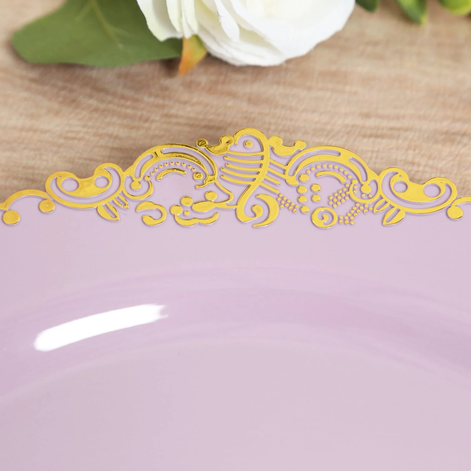 20-Pack Economy Plastic Charger Plates 13" Round Lavender Lilac with Gold Embossed Baroque Rim - Stylish Dinner Party Serving Plates - Image 7
