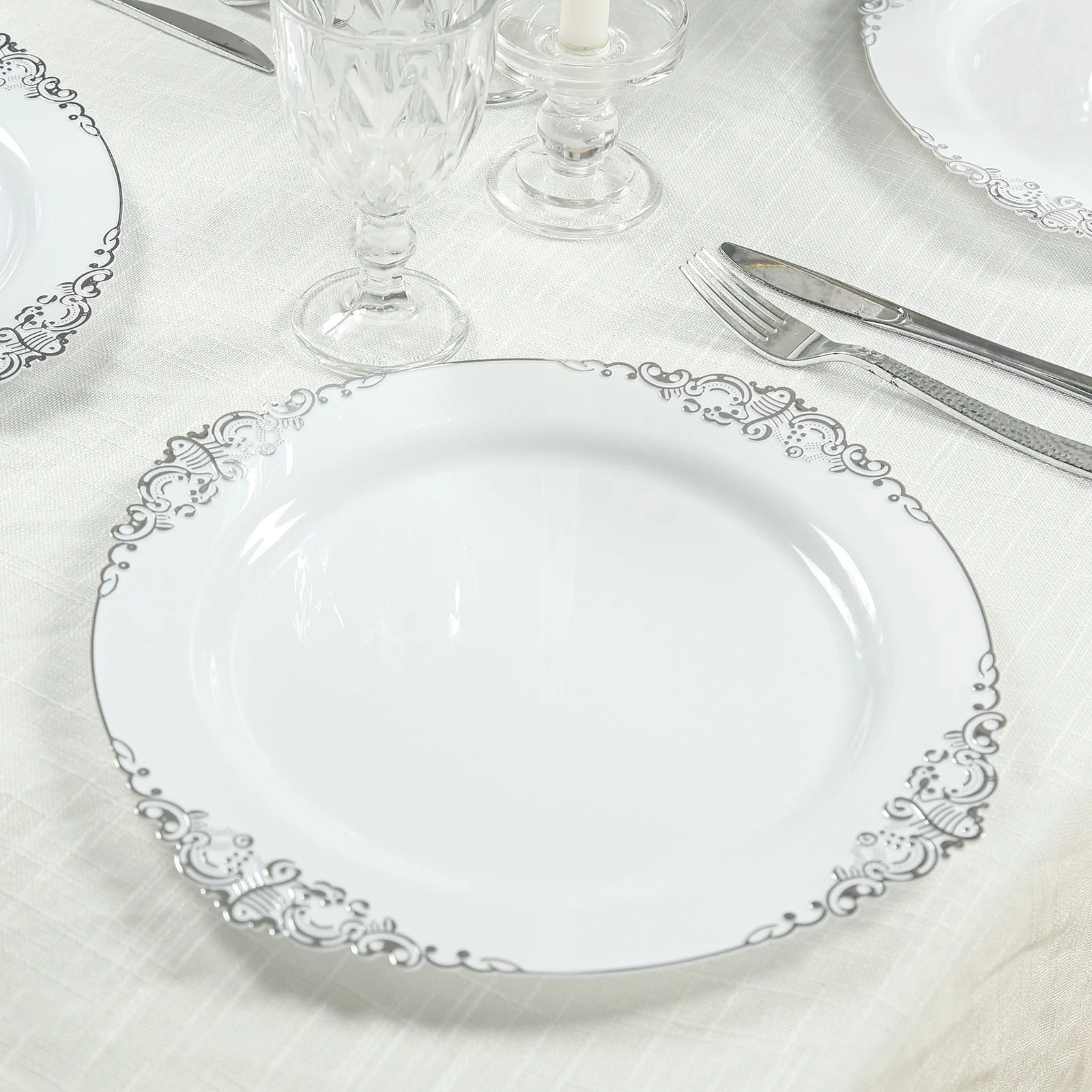 20-Pack Economy Plastic Charger Plates 13" Round White with Silver Embossed Baroque Rim - Stylish Dinner Party Serving Plates