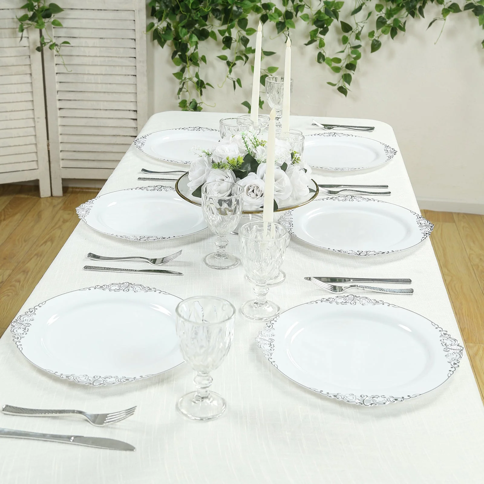 20-Pack Economy Plastic Charger Plates 13" Round White with Silver Embossed Baroque Rim - Stylish Dinner Party Serving Plates - Image 6