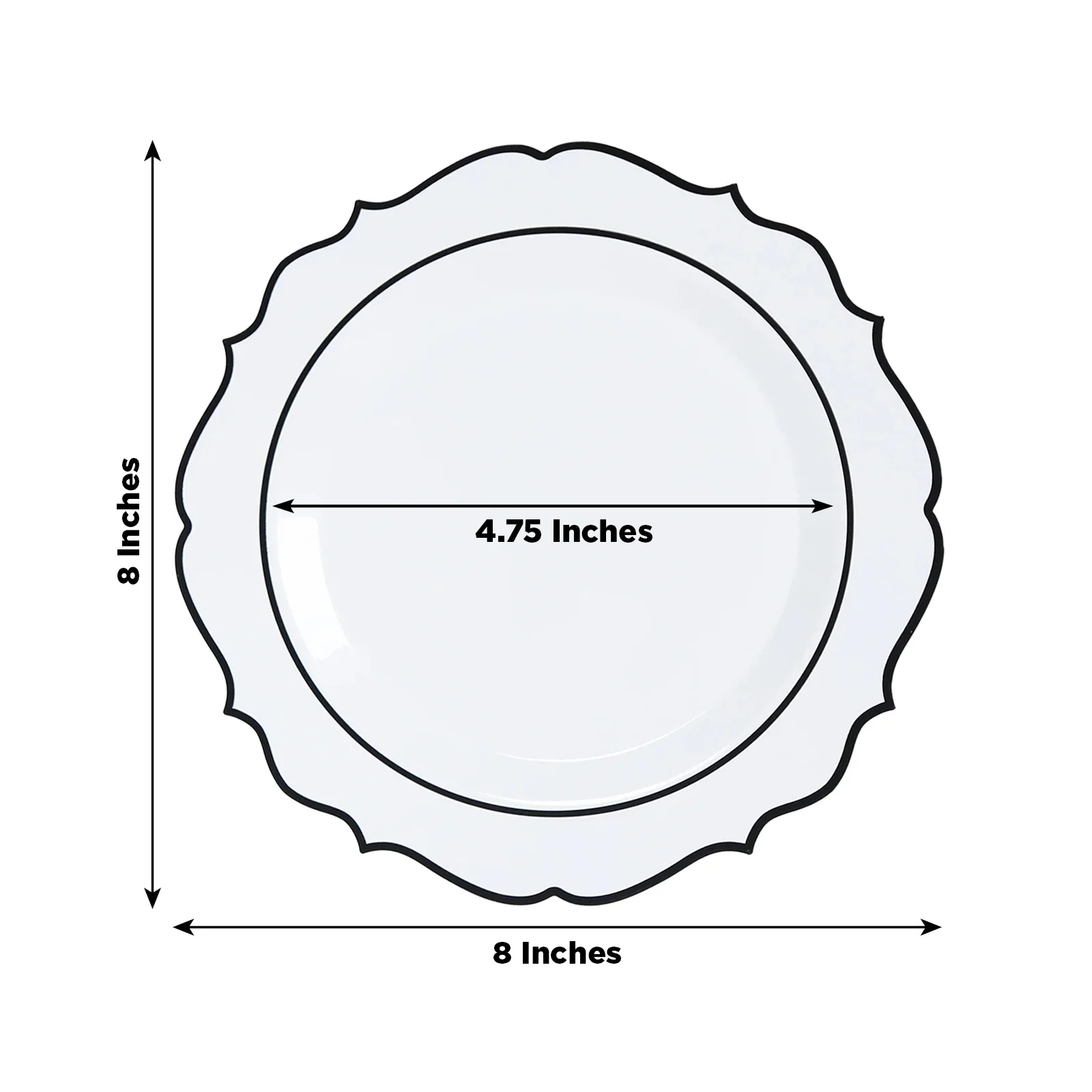 10-Pack Plastic Round Dessert Plates 8" White with Black Scalloped Rim - Disposable Appetizer/Salad Plates - Image 2