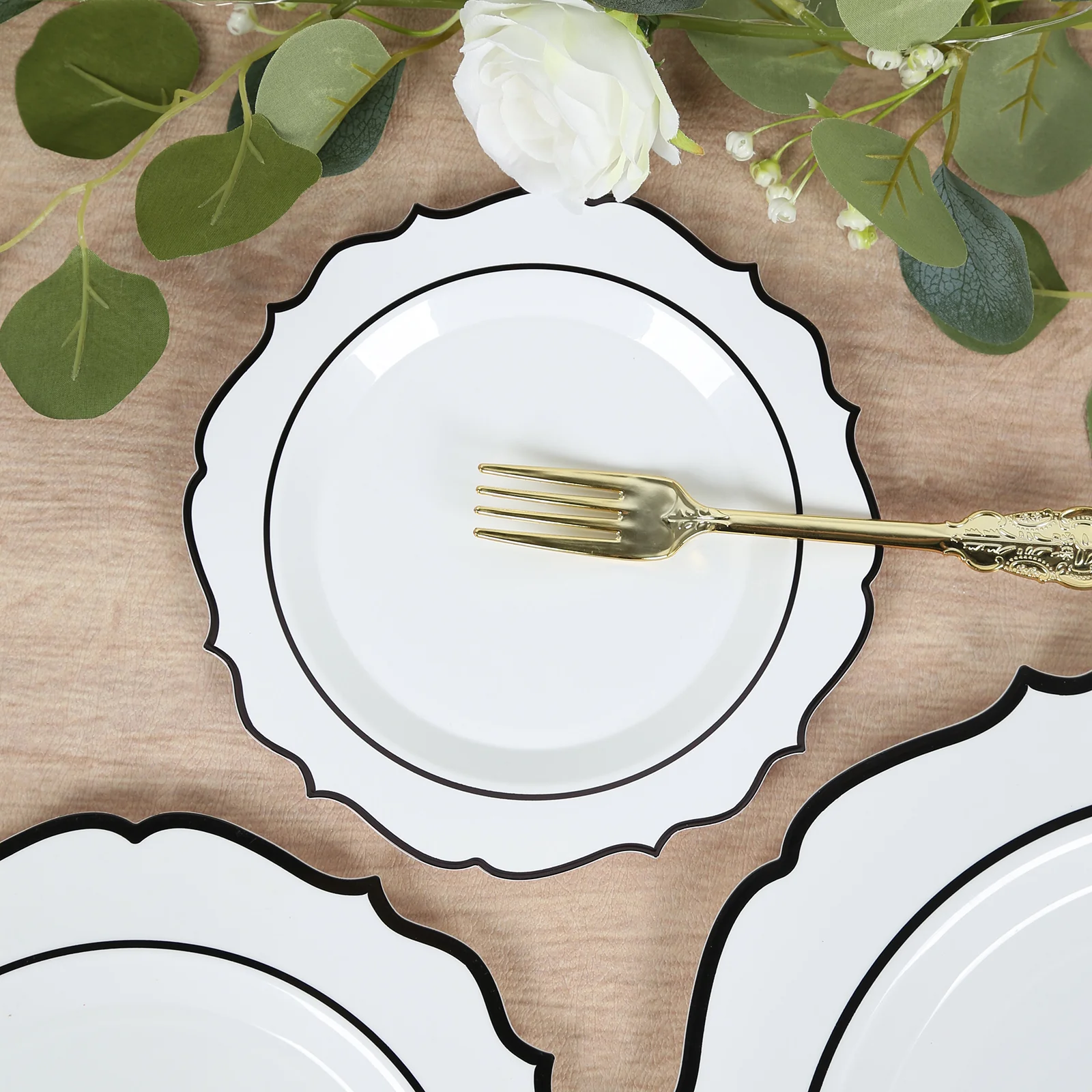 10-Pack Plastic Round Dessert Plates 8" White with Black Scalloped Rim - Disposable Appetizer/Salad Plates - Image 8