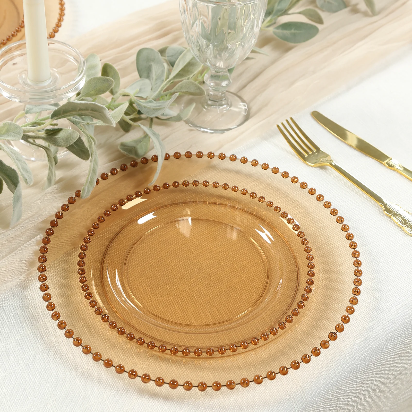 10 Pack Plastic Dessert Appetizer Plates in Amber Gold with Beaded Rim, Disposable Round Salad Party Plates 8"