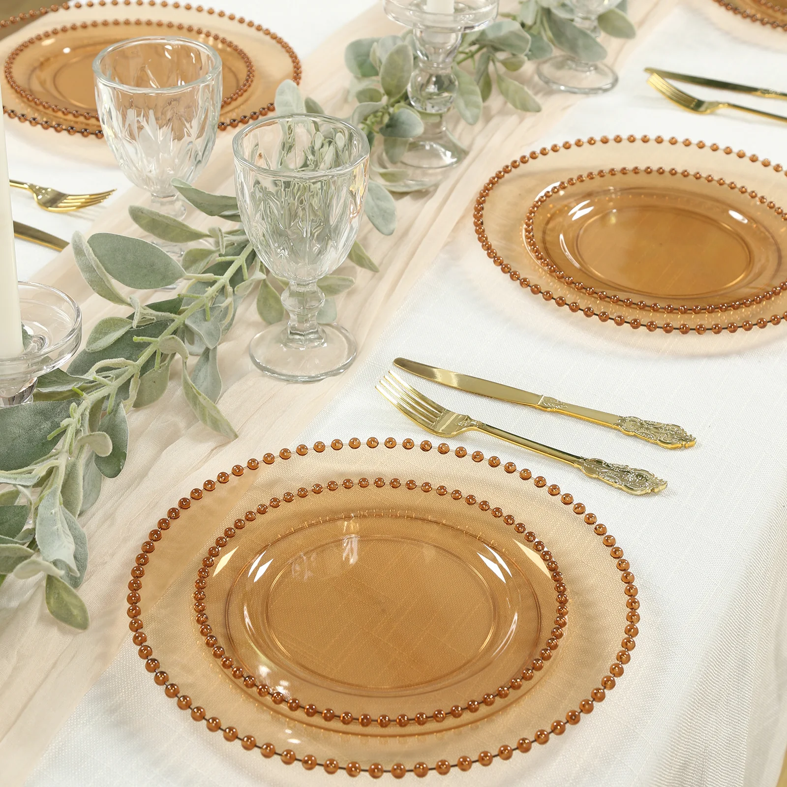 10 Pack Plastic Dessert Appetizer Plates in Amber Gold with Beaded Rim, Disposable Round Salad Party Plates 8" - Image 6