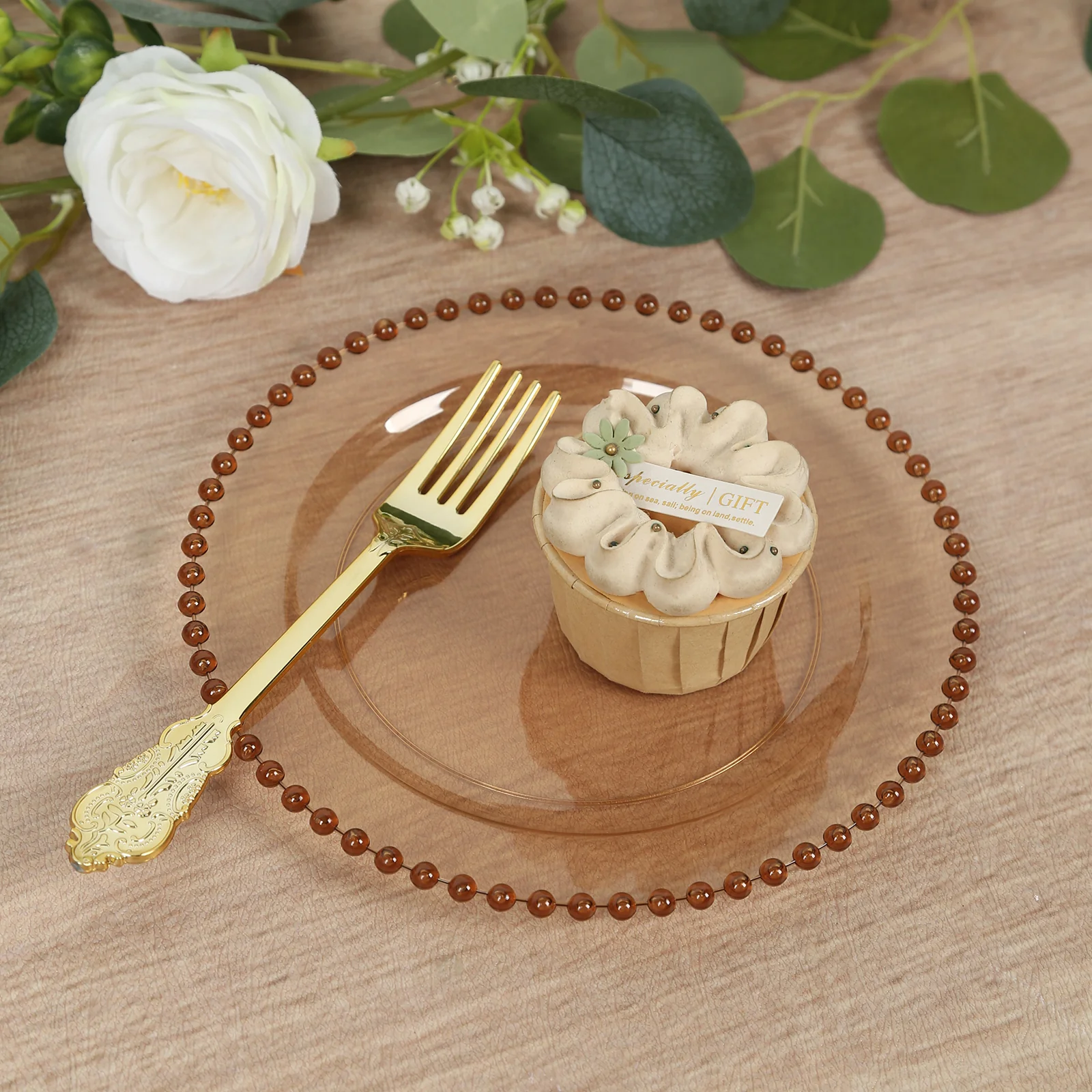 10 Pack Plastic Dessert Appetizer Plates in Amber Gold with Beaded Rim, Disposable Round Salad Party Plates 8" - Image 8