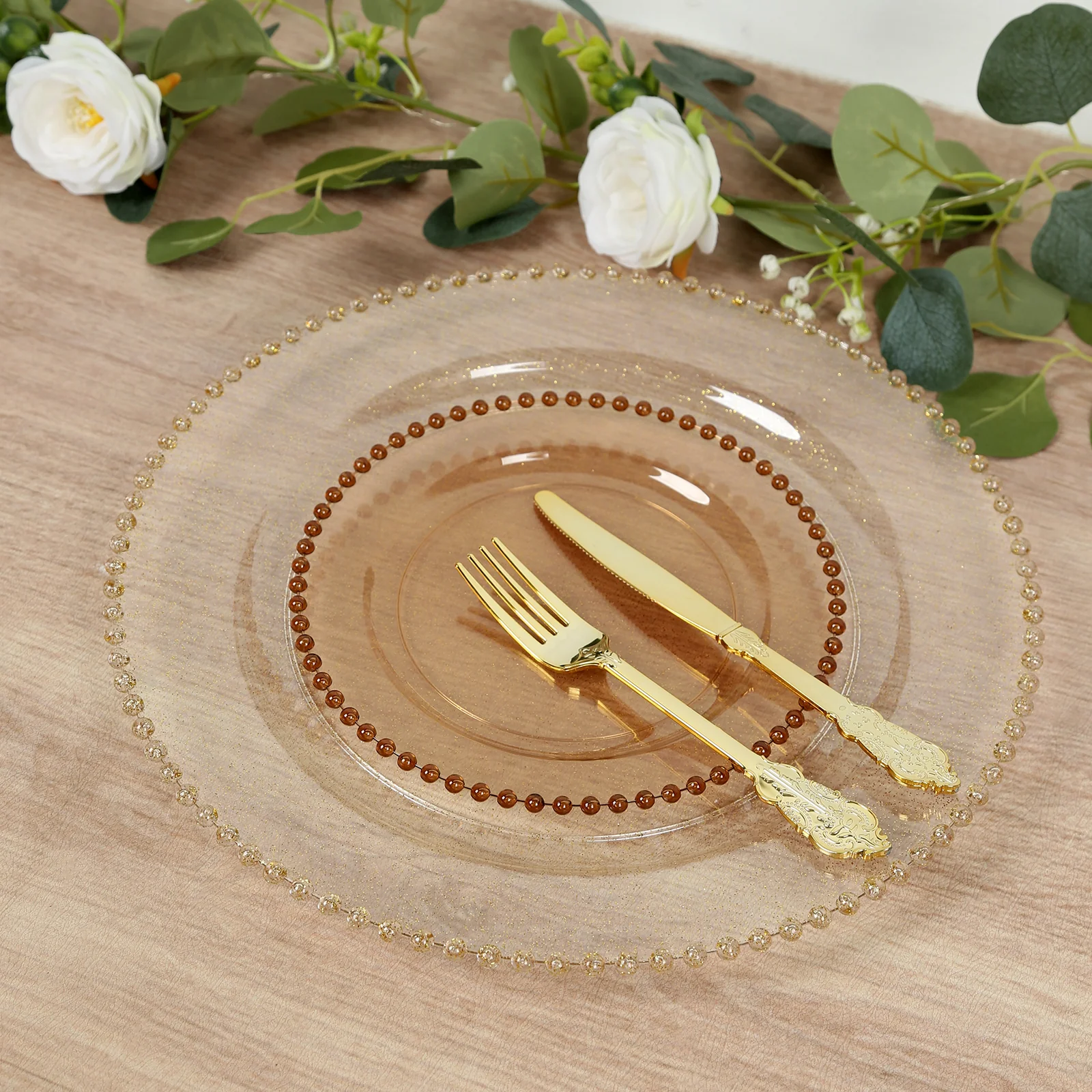 10 Pack Plastic Dessert Appetizer Plates in Amber Gold with Beaded Rim, Disposable Round Salad Party Plates 8" - Image 9