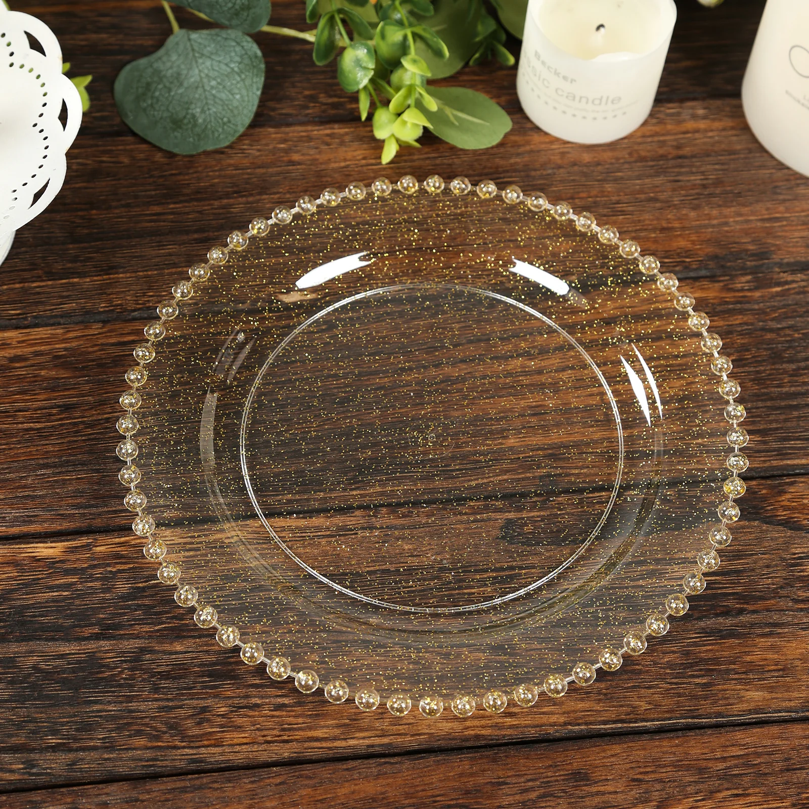 10 Pack Plastic Dessert Appetizer Plates in Clear Gold Glittered with Beaded Rim, Disposable Round Salad Party Plates 8"