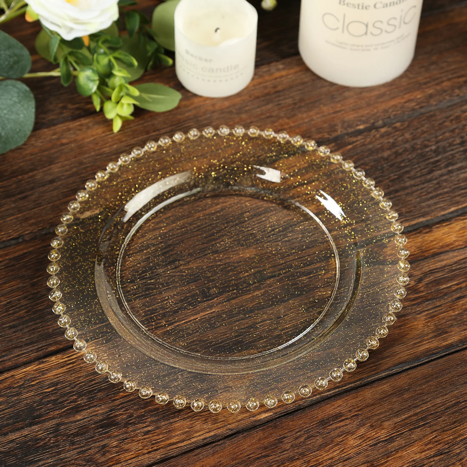 10 Pack Plastic Dessert Appetizer Plates in Clear Gold Glittered with Beaded Rim, Disposable Round Salad Party Plates 8" - Image 6