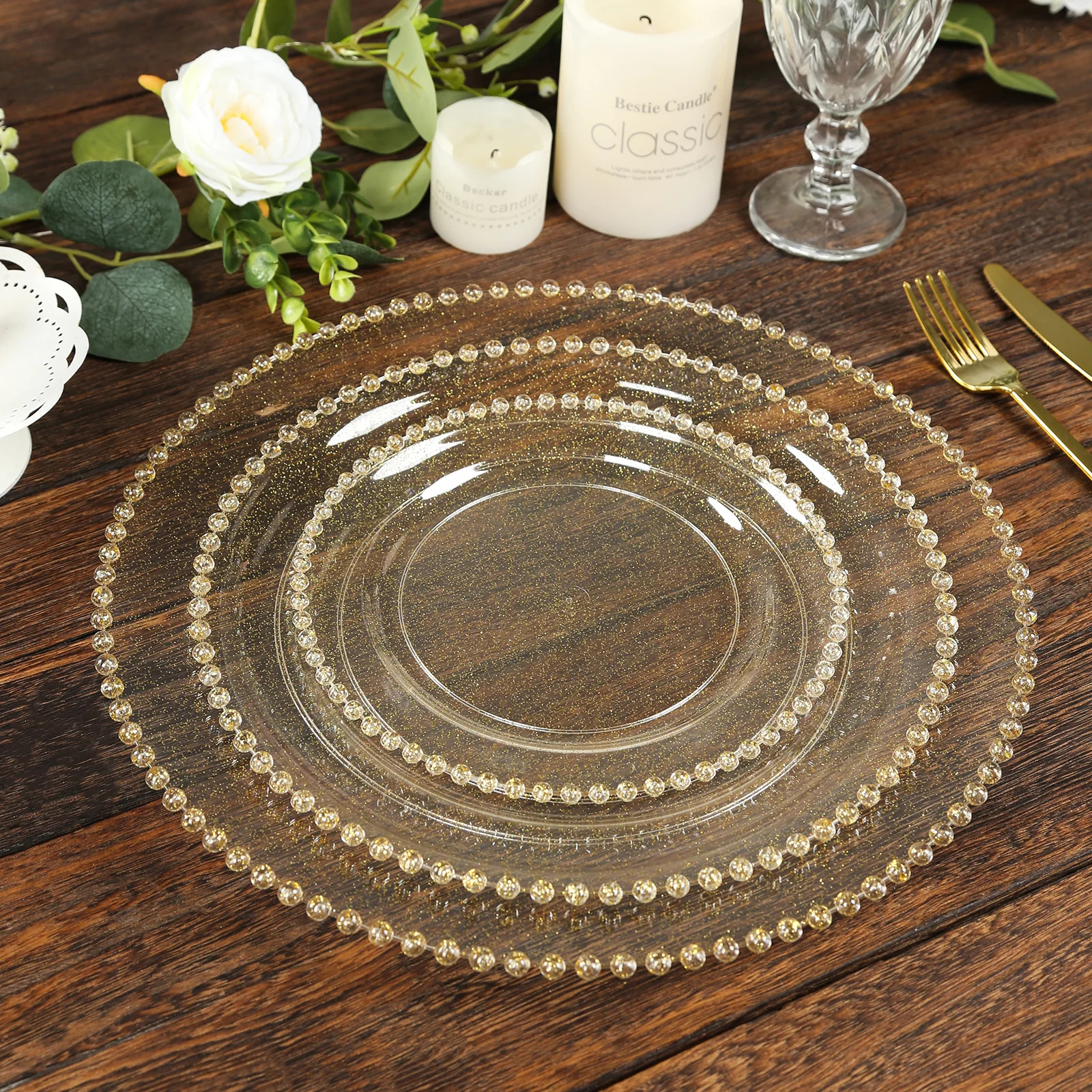 10 Pack Plastic Dessert Appetizer Plates in Clear Gold Glittered with Beaded Rim, Disposable Round Salad Party Plates 8" - Image 9