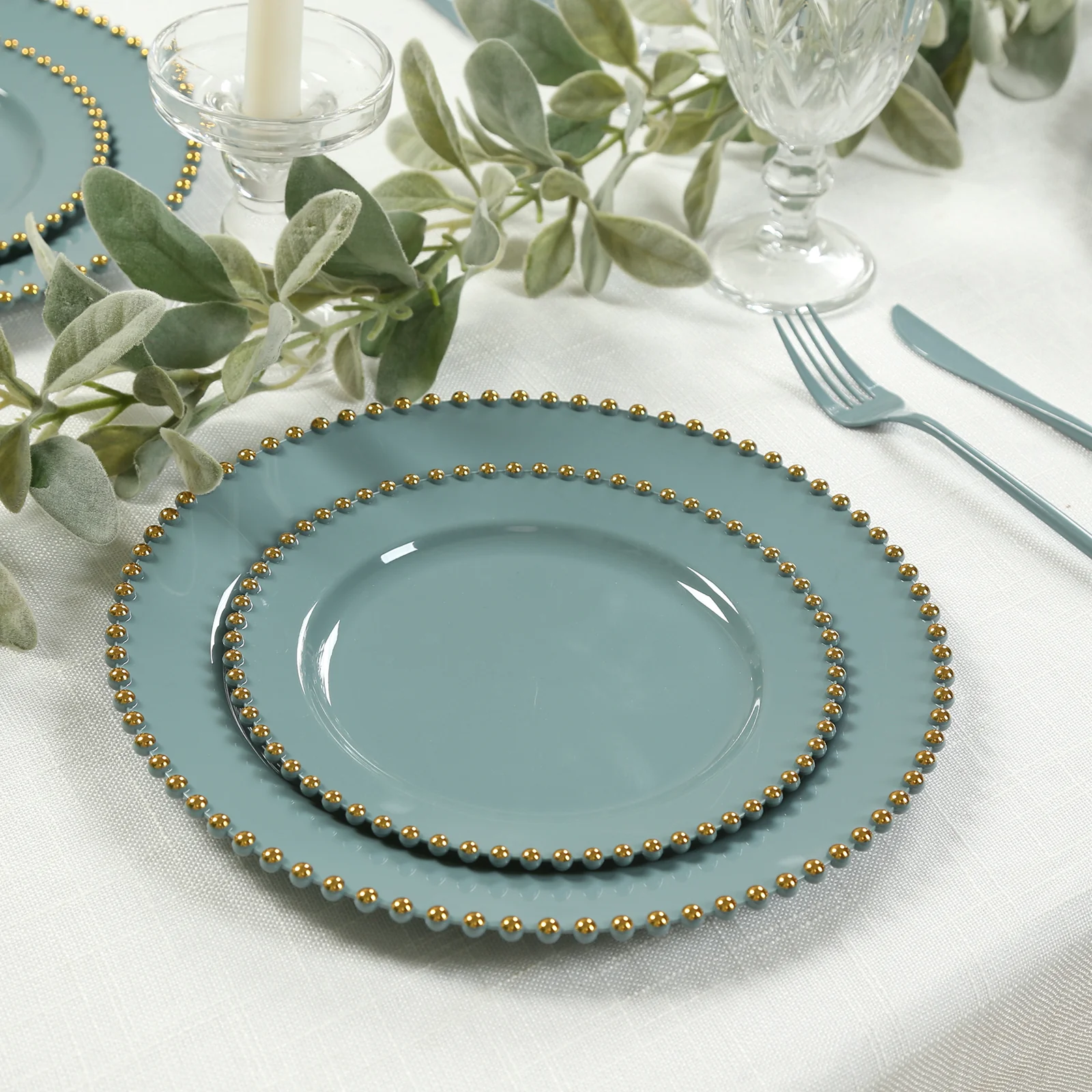 10 Pack Plastic Dessert Appetizer Plates in Dusty Blue with Gold Beaded Rim, Disposable Round Salad Party Plates 8"