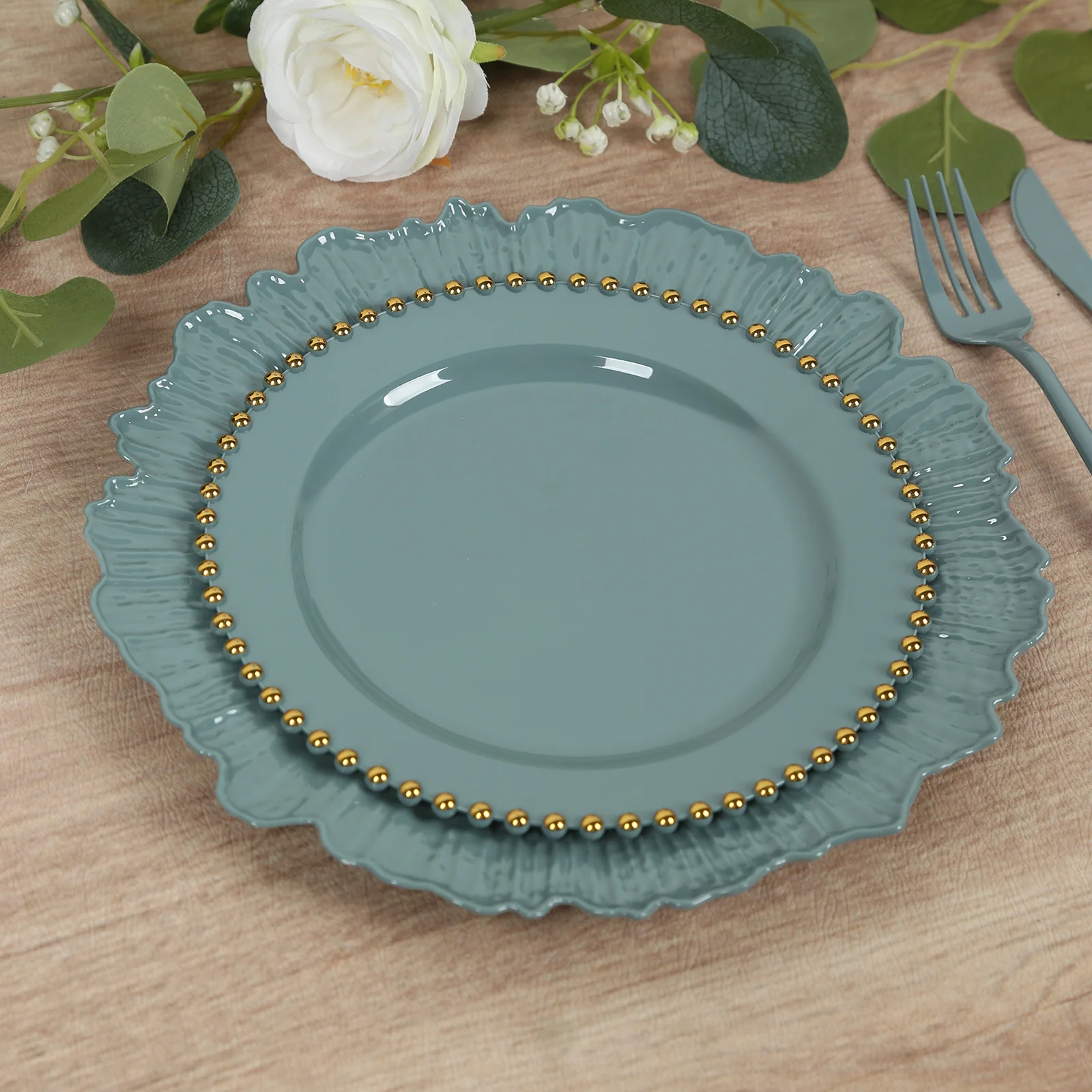 10 Pack Plastic Dessert Appetizer Plates in Dusty Blue with Gold Beaded Rim, Disposable Round Salad Party Plates 8" - Image 6