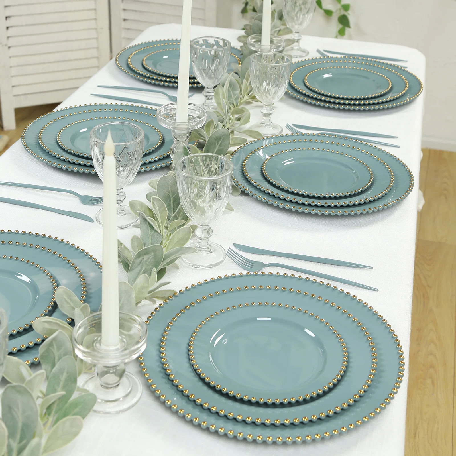 10 Pack Plastic Dessert Appetizer Plates in Dusty Blue with Gold Beaded Rim, Disposable Round Salad Party Plates 8" - Image 8
