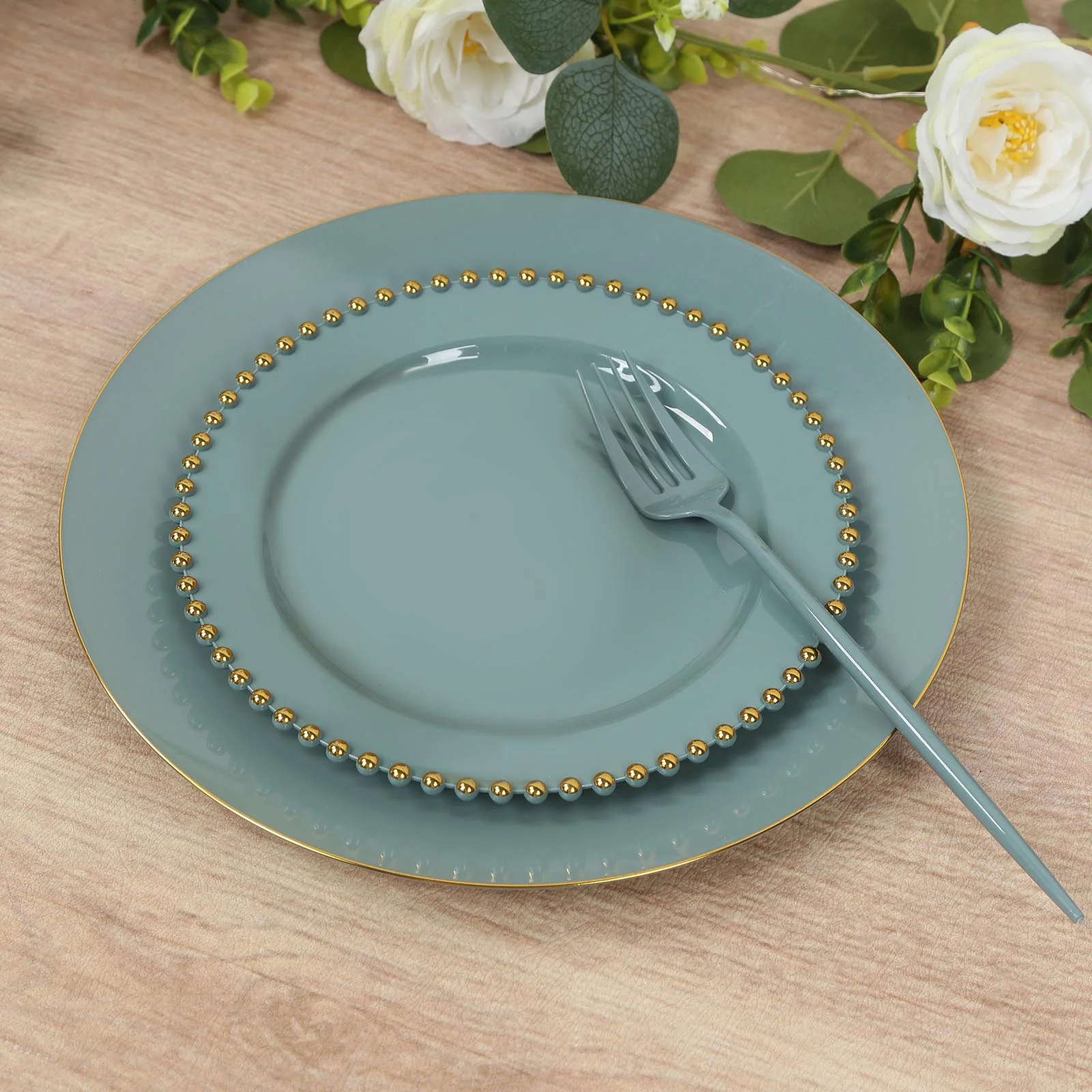 10 Pack Plastic Dessert Appetizer Plates in Dusty Blue with Gold Beaded Rim, Disposable Round Salad Party Plates 8" - Image 9