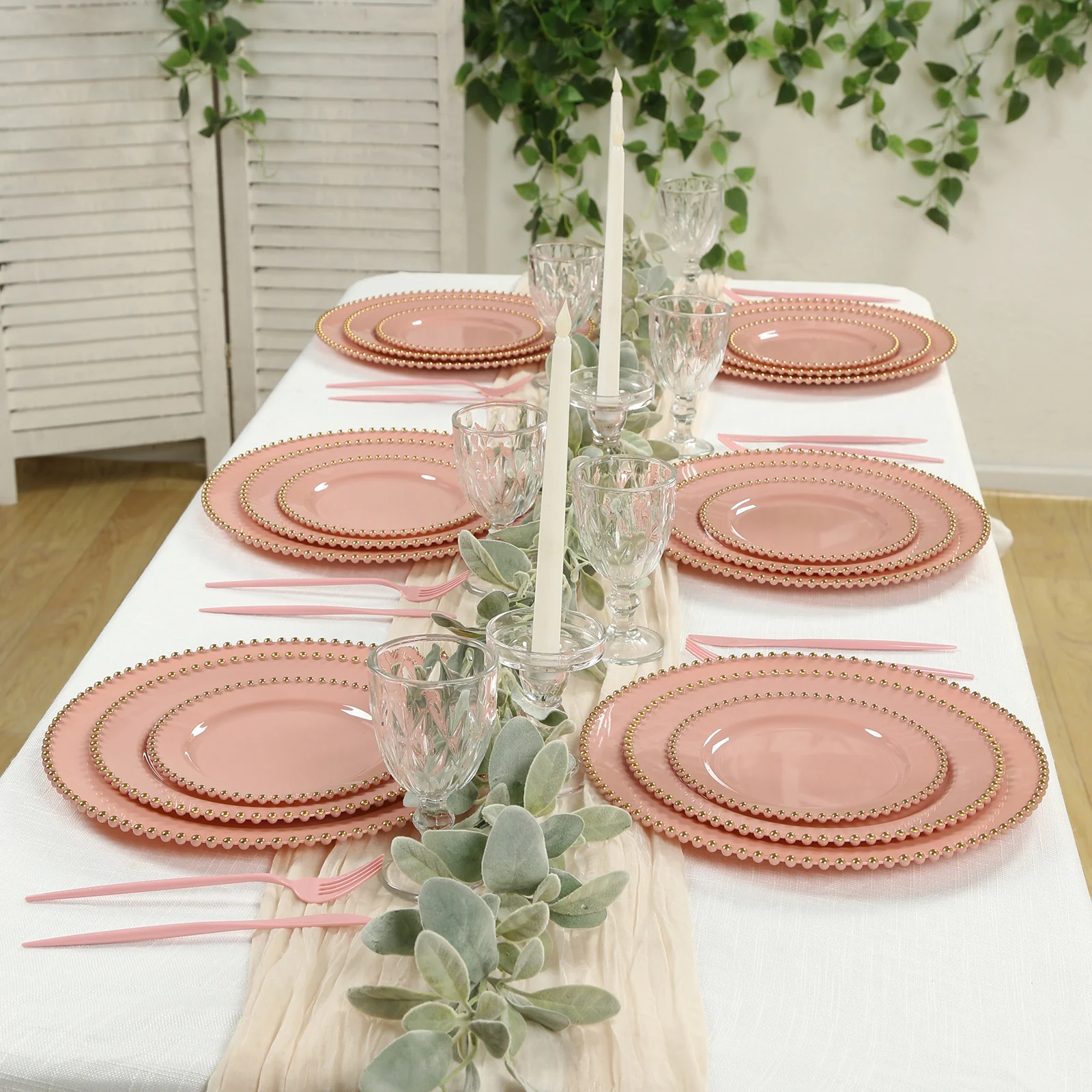 10 Pack Plastic Dessert Appetizer Plates in Dusty Rose with Gold Beaded Rim, Disposable Round Salad Party Plates 8" - Image 10