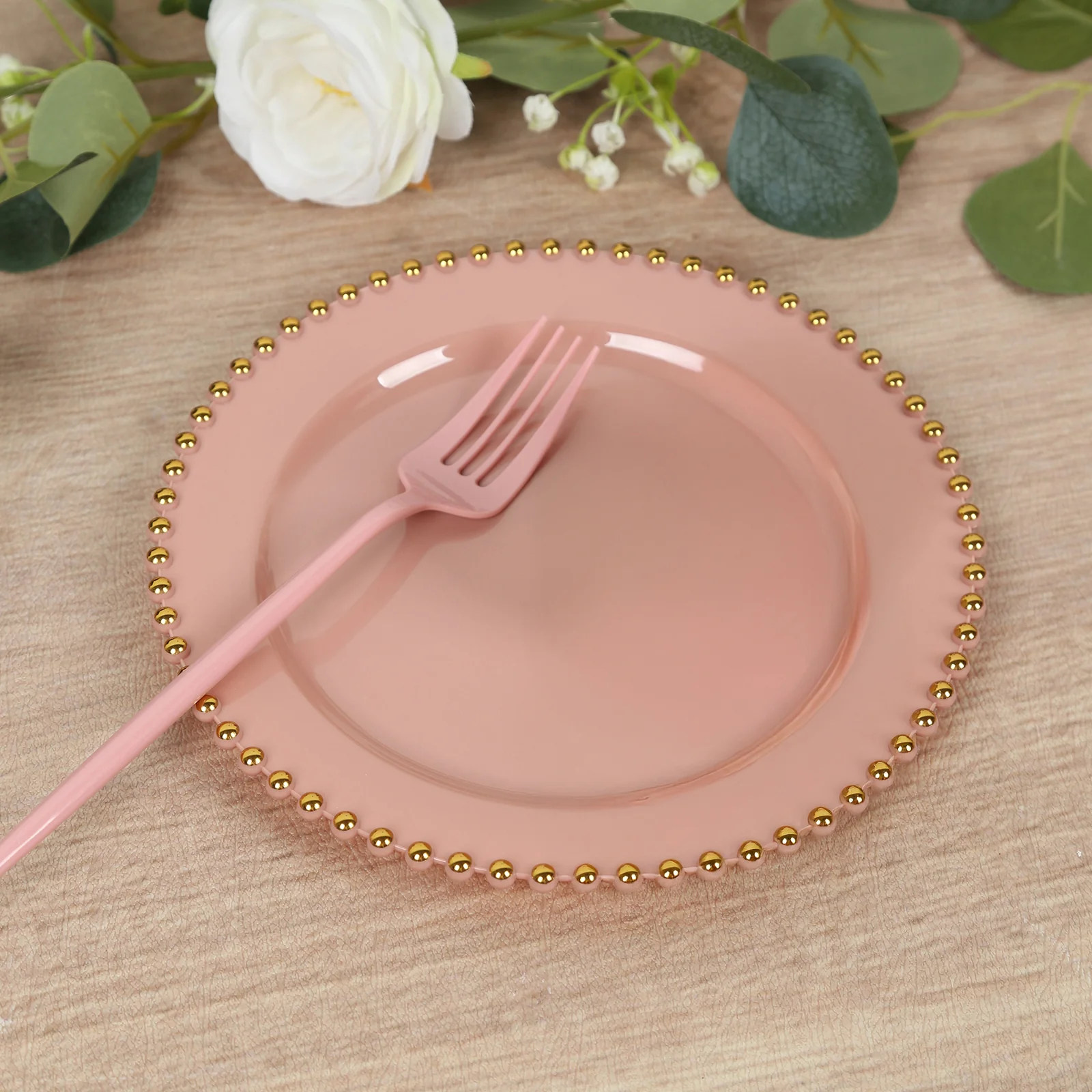 10 Pack Plastic Dessert Appetizer Plates in Dusty Rose with Gold Beaded Rim, Disposable Round Salad Party Plates 8" - Image 7