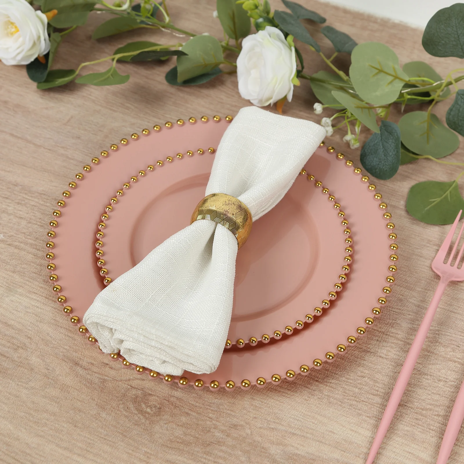 10 Pack Plastic Dessert Appetizer Plates in Dusty Rose with Gold Beaded Rim, Disposable Round Salad Party Plates 8" - Image 8