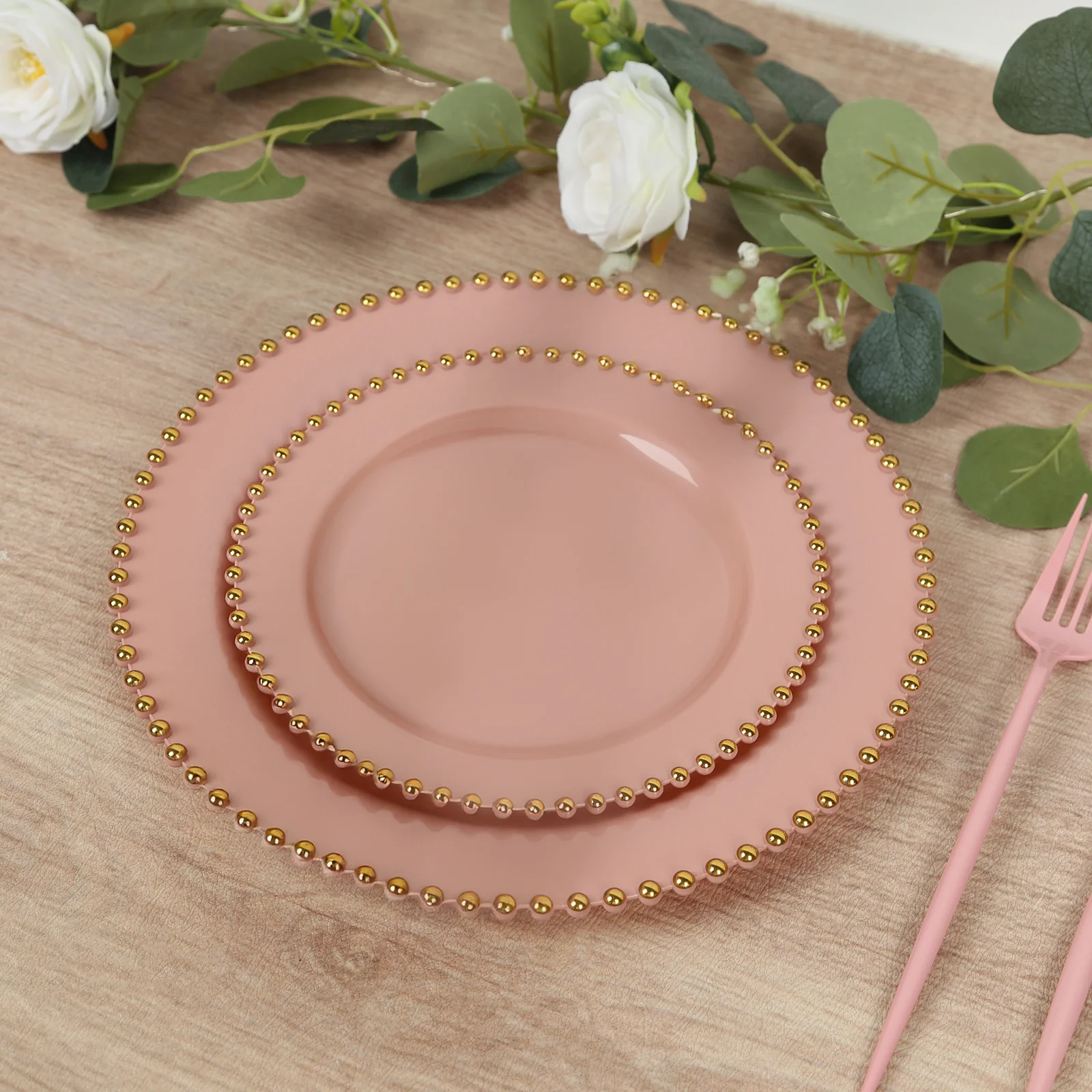 10 Pack Plastic Dessert Appetizer Plates in Dusty Rose with Gold Beaded Rim, Disposable Round Salad Party Plates 8" - Image 9