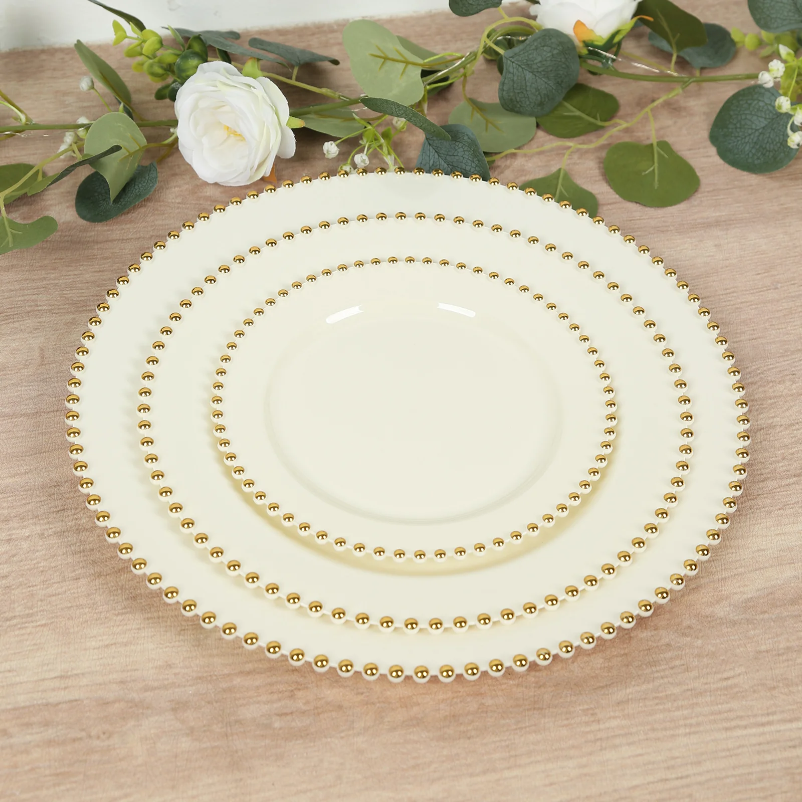 10 Pack Plastic Dessert Appetizer Plates in Ivory with Gold Beaded Rim, Disposable Round Salad Party Plates 8"