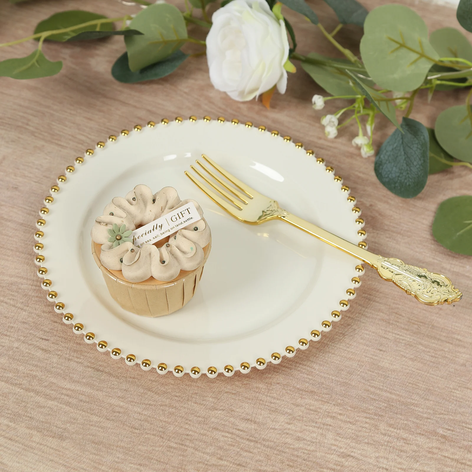 10 Pack Plastic Dessert Appetizer Plates in Ivory with Gold Beaded Rim, Disposable Round Salad Party Plates 8" - Image 6