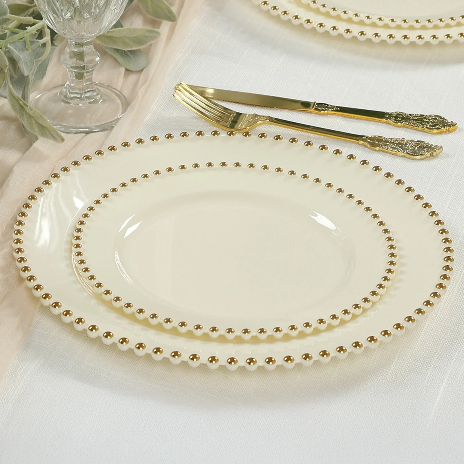 10 Pack Plastic Dessert Appetizer Plates in Ivory with Gold Beaded Rim, Disposable Round Salad Party Plates 8" - Image 8