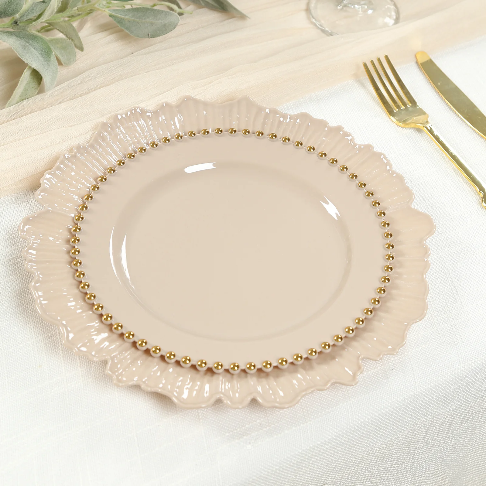 10 Pack Plastic Dessert Appetizer Plates in Taupe with Gold Beaded Rim, Disposable Round Salad Party Plates 8" - Image 7