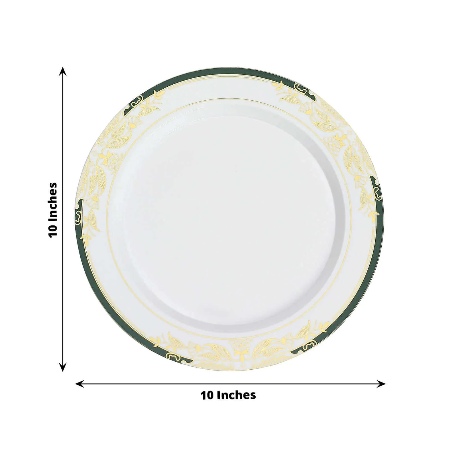 10-Pack Plastic Round Dinner Plates 10" White with Hunter Emerald Green Rim and Gold Vine Design - Stylish Disposable Party Plates for Modern & Sophisticated Table Decor - Image 3