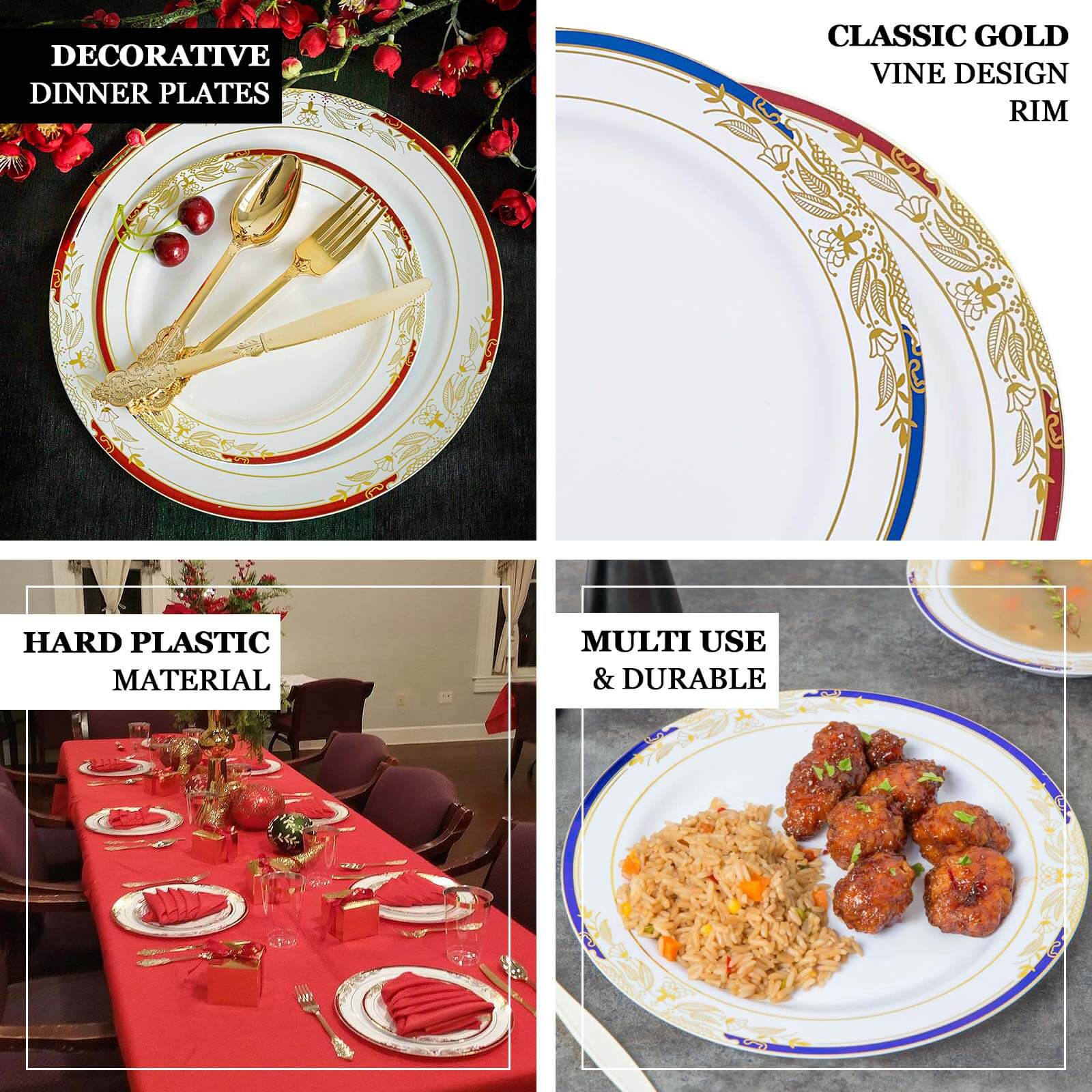 10-Pack Plastic Round Dinner Plates 10" White with Hunter Emerald Green Rim and Gold Vine Design - Stylish Disposable Party Plates for Modern & Sophisticated Table Decor - Image 4