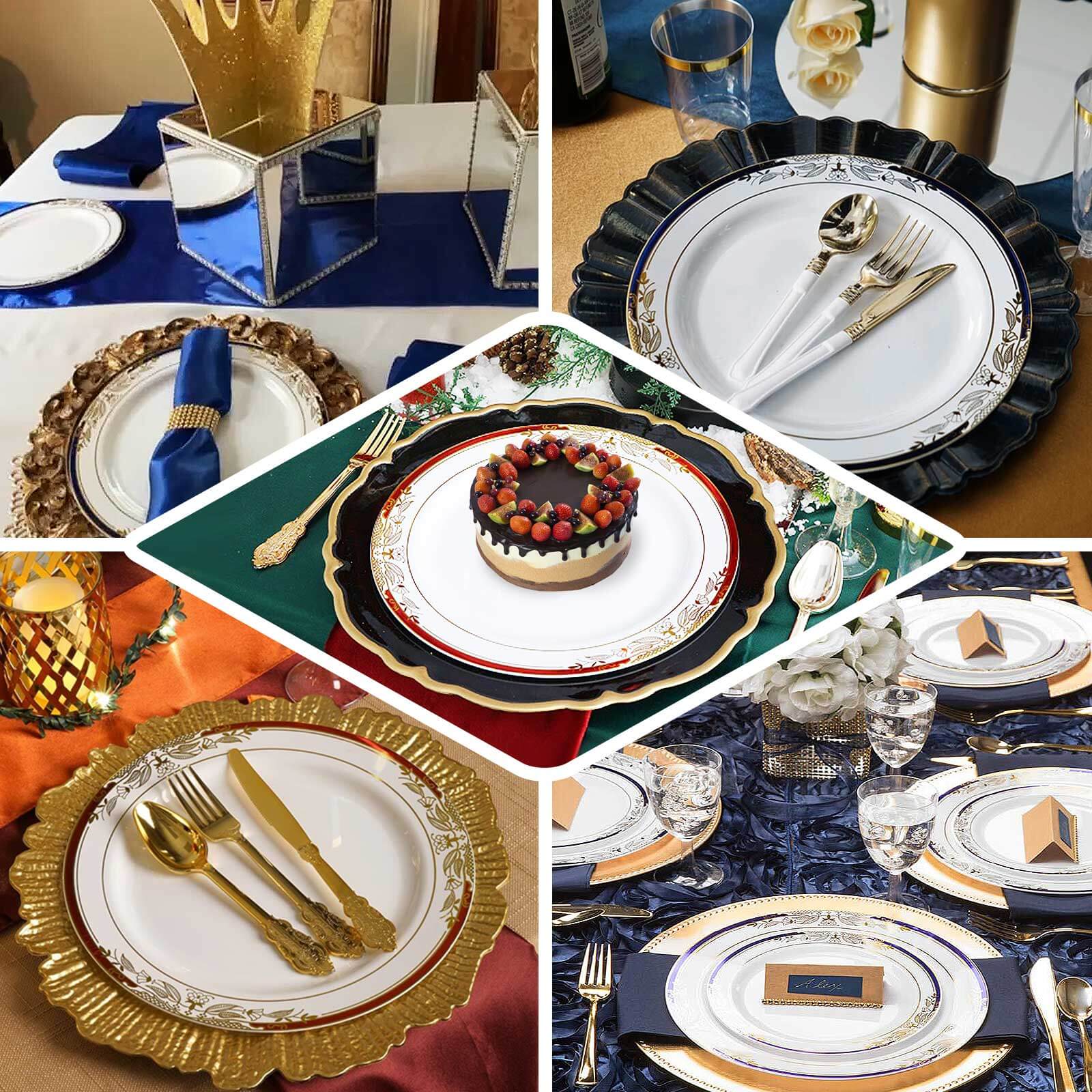 10-Pack Plastic Round Dinner Plates 10" White with Hunter Emerald Green Rim and Gold Vine Design - Stylish Disposable Party Plates for Modern & Sophisticated Table Decor - Image 5