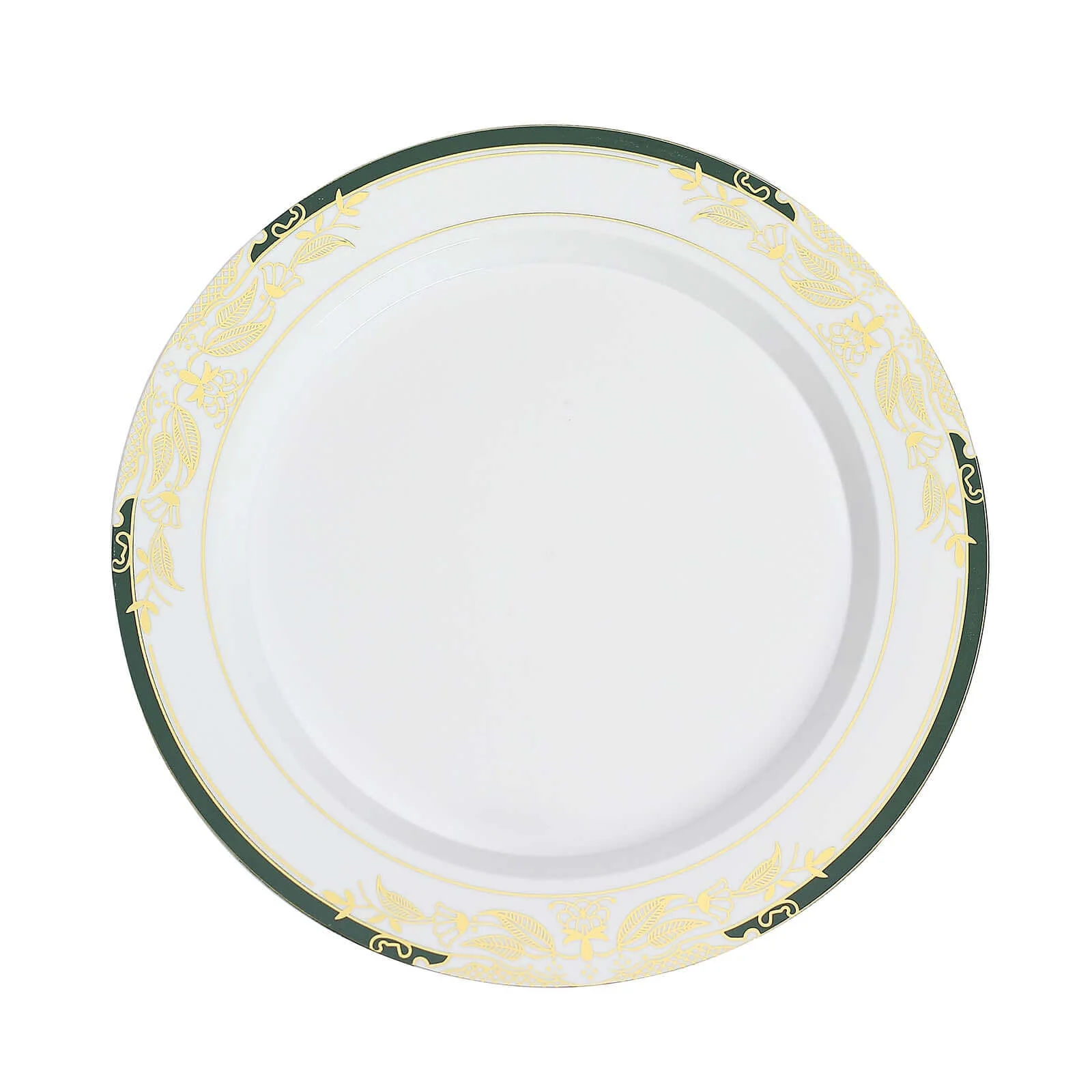 10-Pack Plastic Round Dinner Plates 10" White with Hunter Emerald Green Rim and Gold Vine Design - Stylish Disposable Party Plates for Modern & Sophisticated Table Decor - Image 7