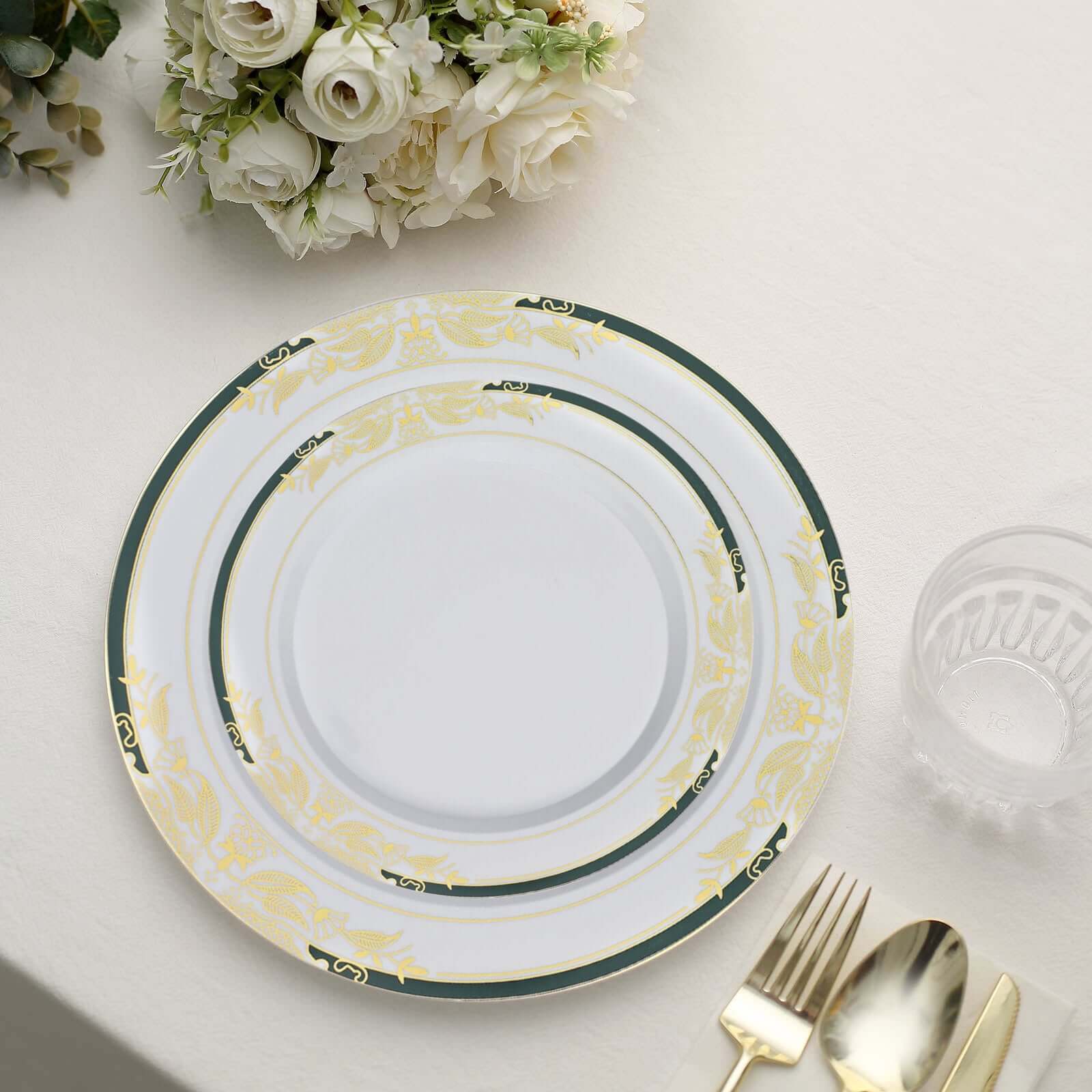 10-Pack Plastic Round Dinner Plates 10" White with Hunter Emerald Green Rim and Gold Vine Design - Stylish Disposable Party Plates for Modern & Sophisticated Table Decor - Image 8
